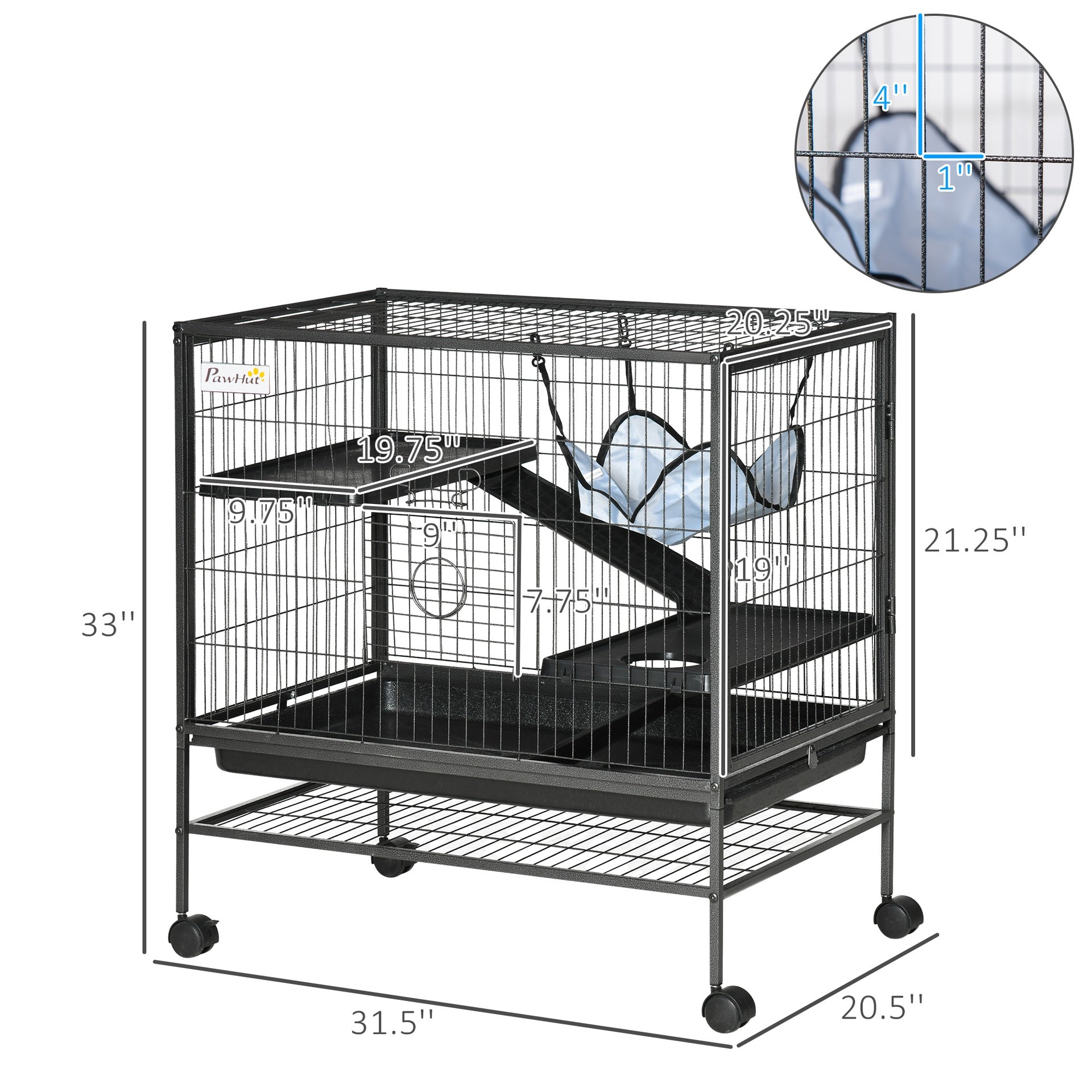 PawHut Small Animal Cage with Wheels, Pet Playpen for Rat, Syrian Hamster, Kitten, Ferrets, Chinchillas with Bottom Storage Shelf, Removable Tray, Ramp, 31.5" x 20.5" x 33.1"