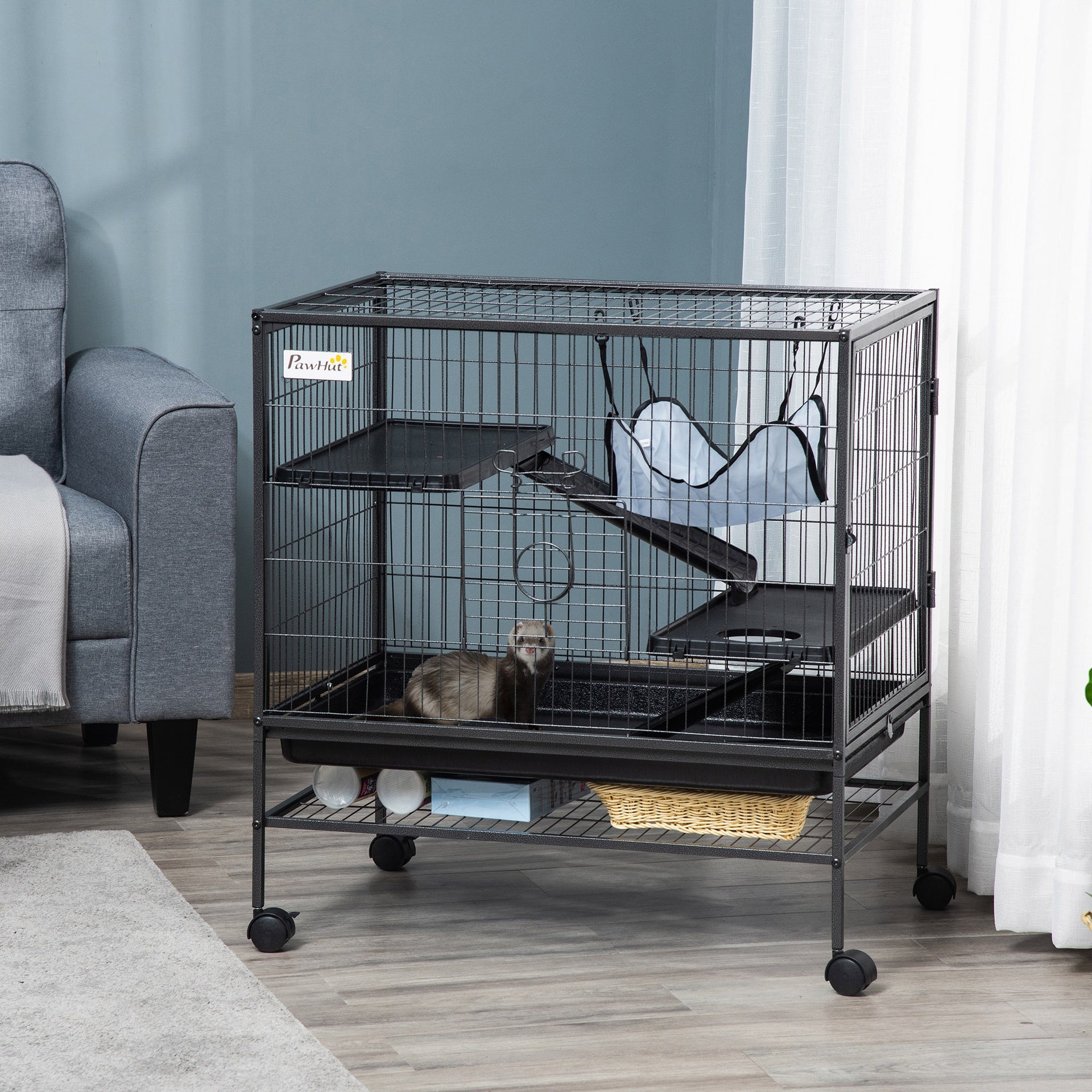 PawHut Small Animal Cage with Wheels, Pet Playpen for Rat, Syrian Hamster, Kitten, Ferrets, Chinchillas with Bottom Storage Shelf, Removable Tray, Ramp, 31.5" x 20.5" x 33.1"