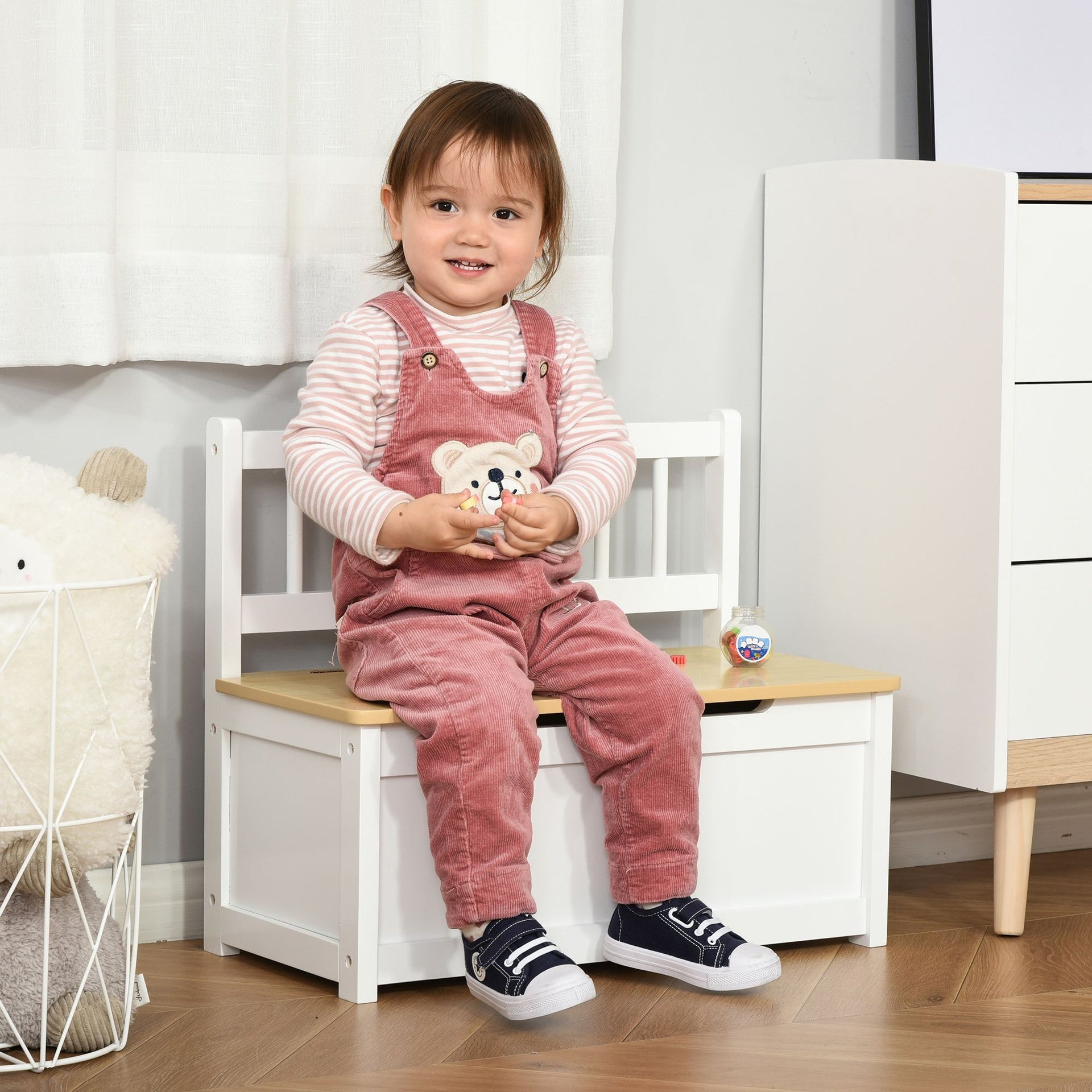 HOMCOM 2-in-1 Kids Wooden Toy Organizer Chest Storage Box with Seat Bench Cabinet Chunk Cube with Safety Pneumatic Rod White