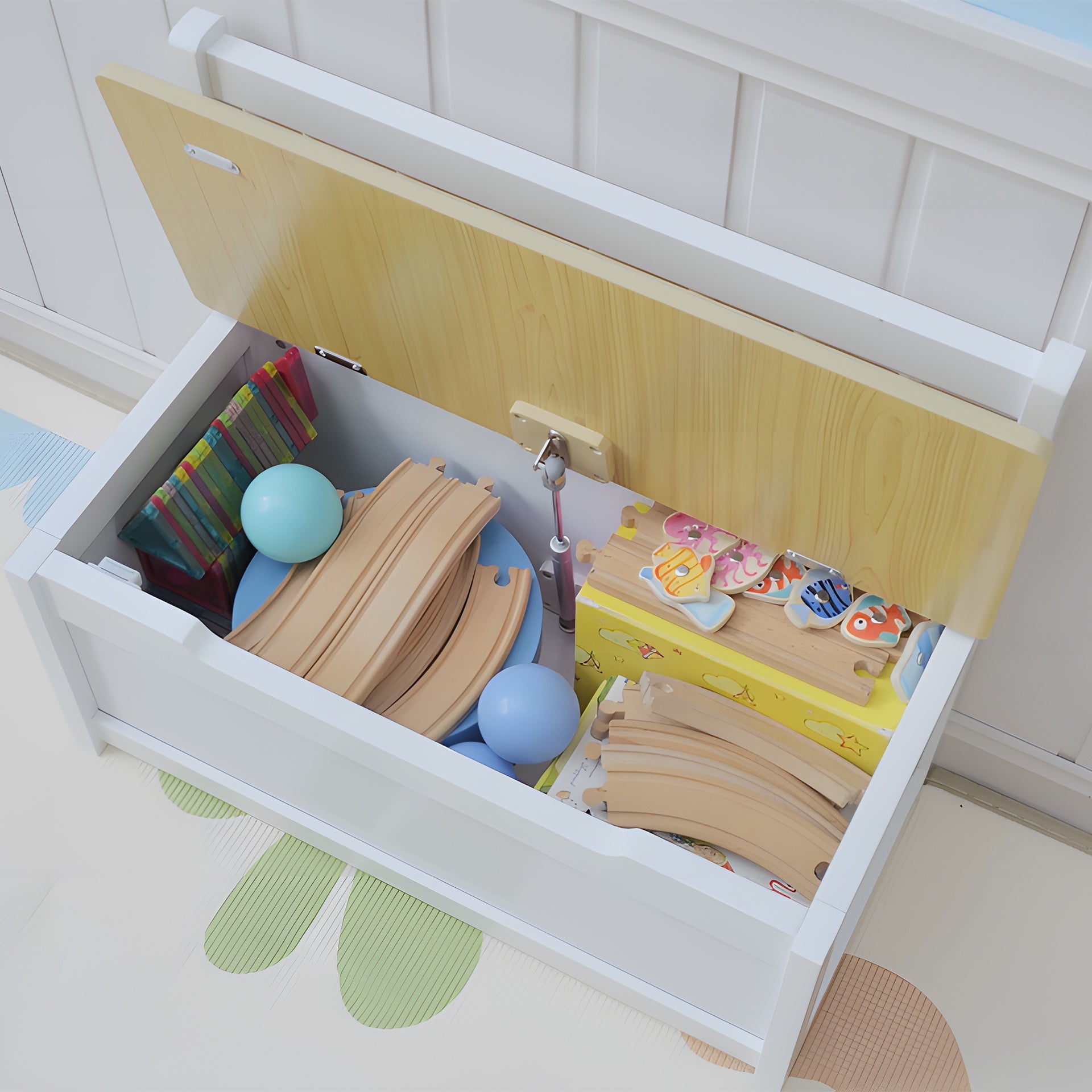 HOMCOM 2-in-1 Kids Wooden Toy Organizer Chest Storage Box with Seat Bench Cabinet Chunk Cube with Safety Pneumatic Rod White