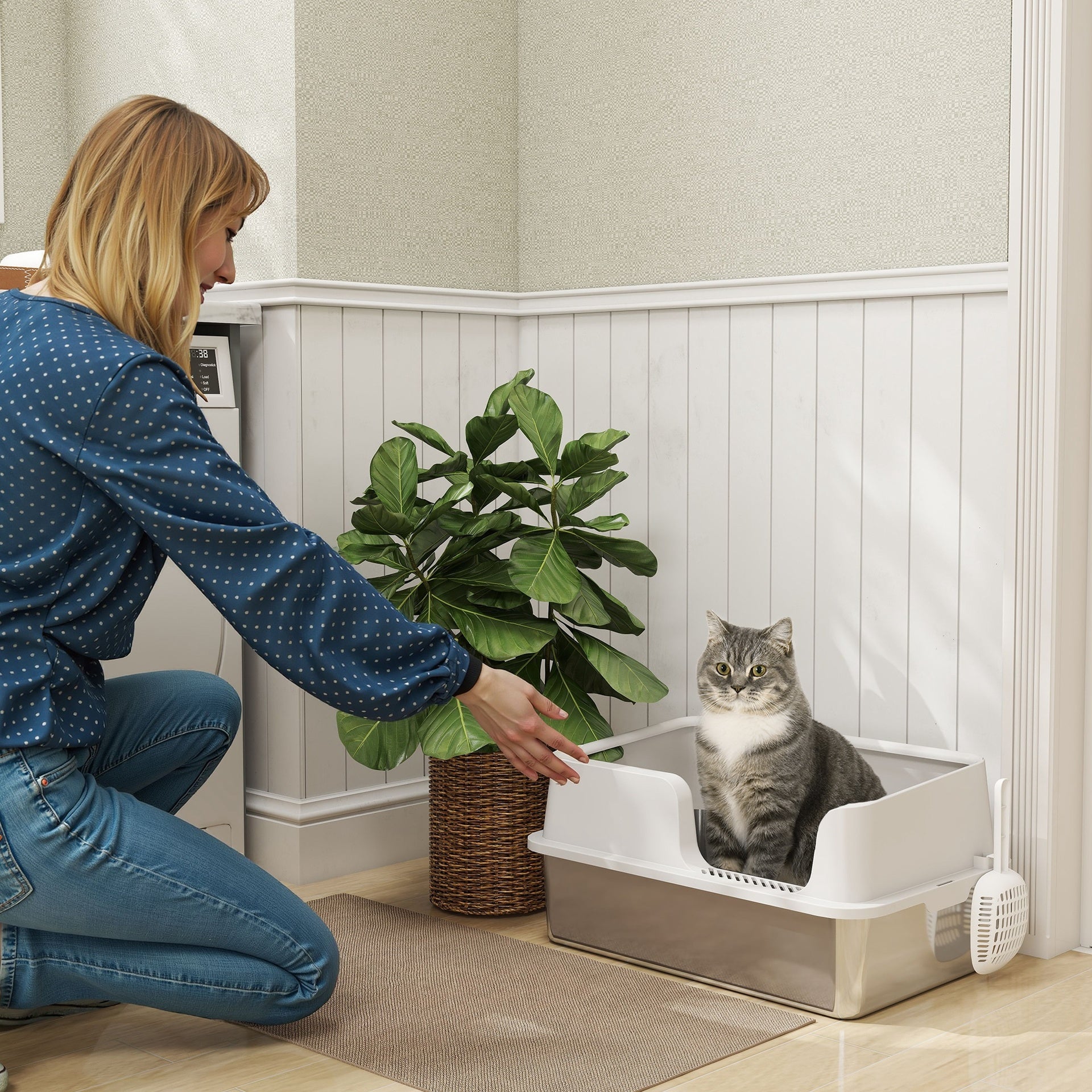 PawHut Stainless Steel Litter Box with High Side, Scoop, Easy Cleaning & Anti-Urine Leakage, for Big Cats, Light Gray
