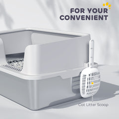 PawHut Stainless Steel Litter Box with High Side, Scoop, Easy Cleaning & Anti-Urine Leakage, for Big Cats, Light Gray