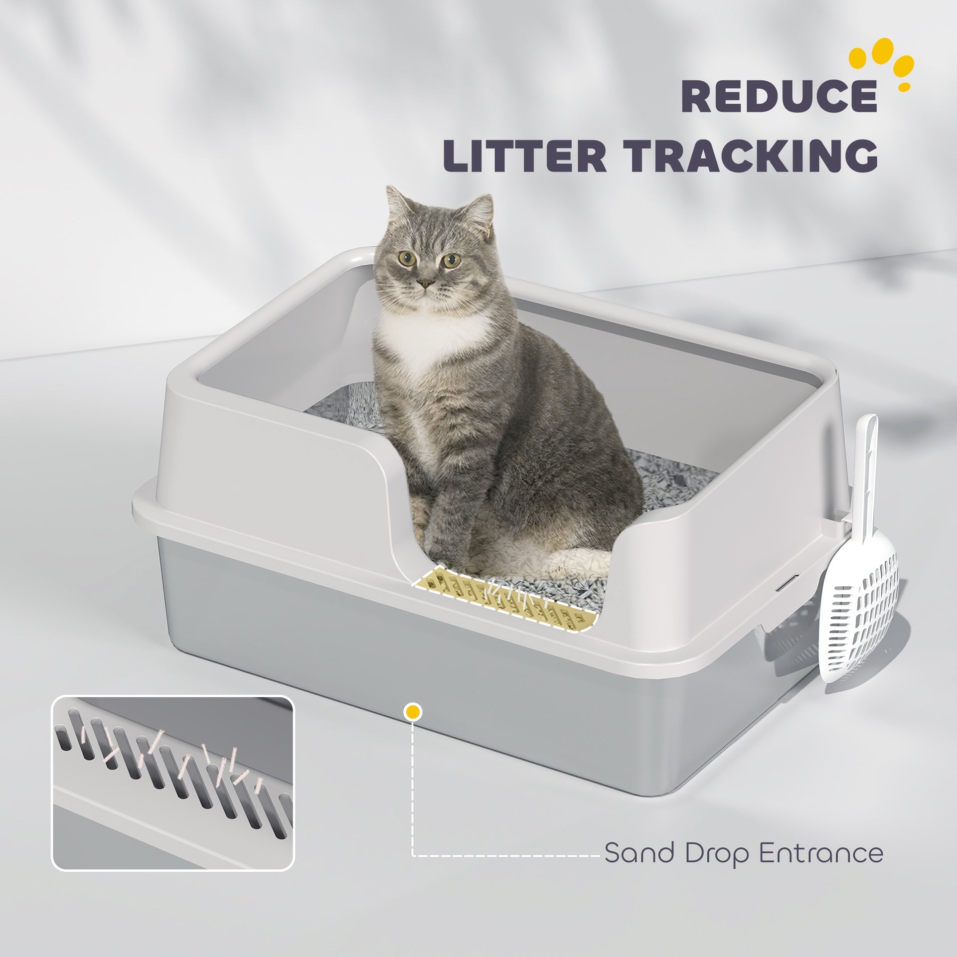 PawHut Stainless Steel Litter Box with High Side, Scoop, Easy Cleaning & Anti-Urine Leakage, for Big Cats, Light Gray