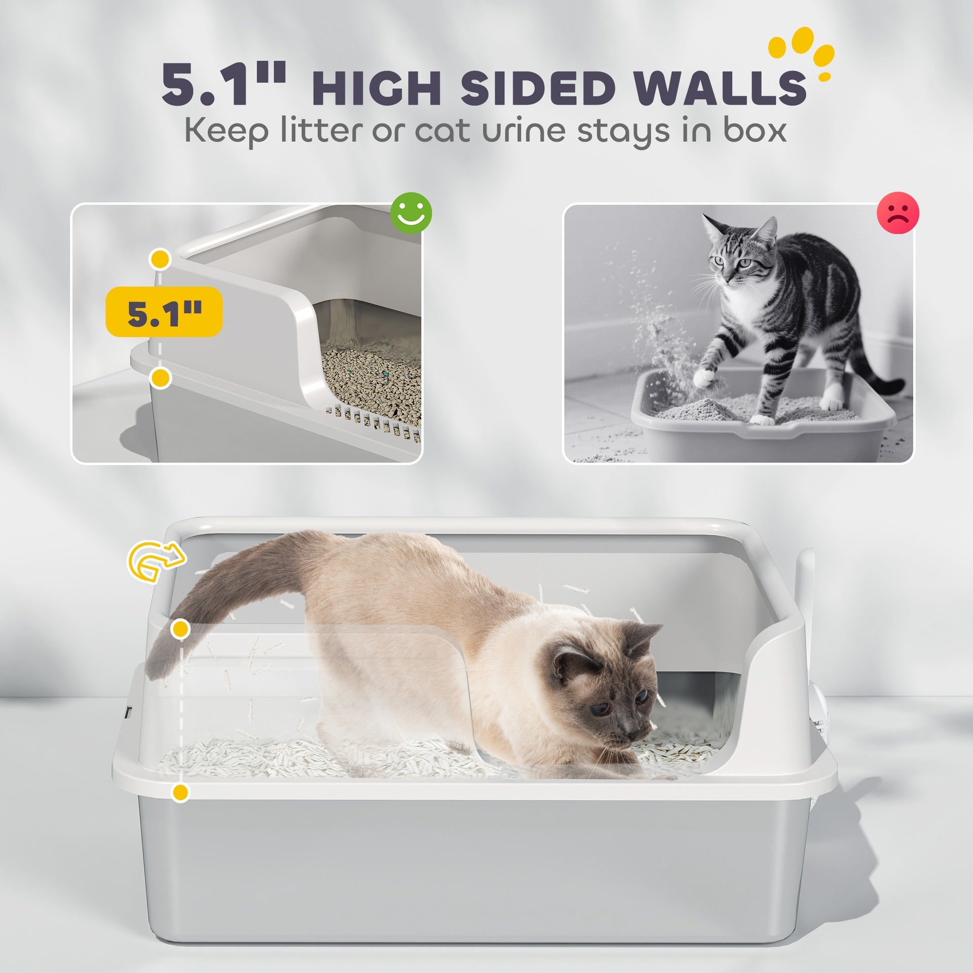 PawHut Stainless Steel Litter Box with High Side, Scoop, Easy Cleaning & Anti-Urine Leakage, for Big Cats, Light Gray