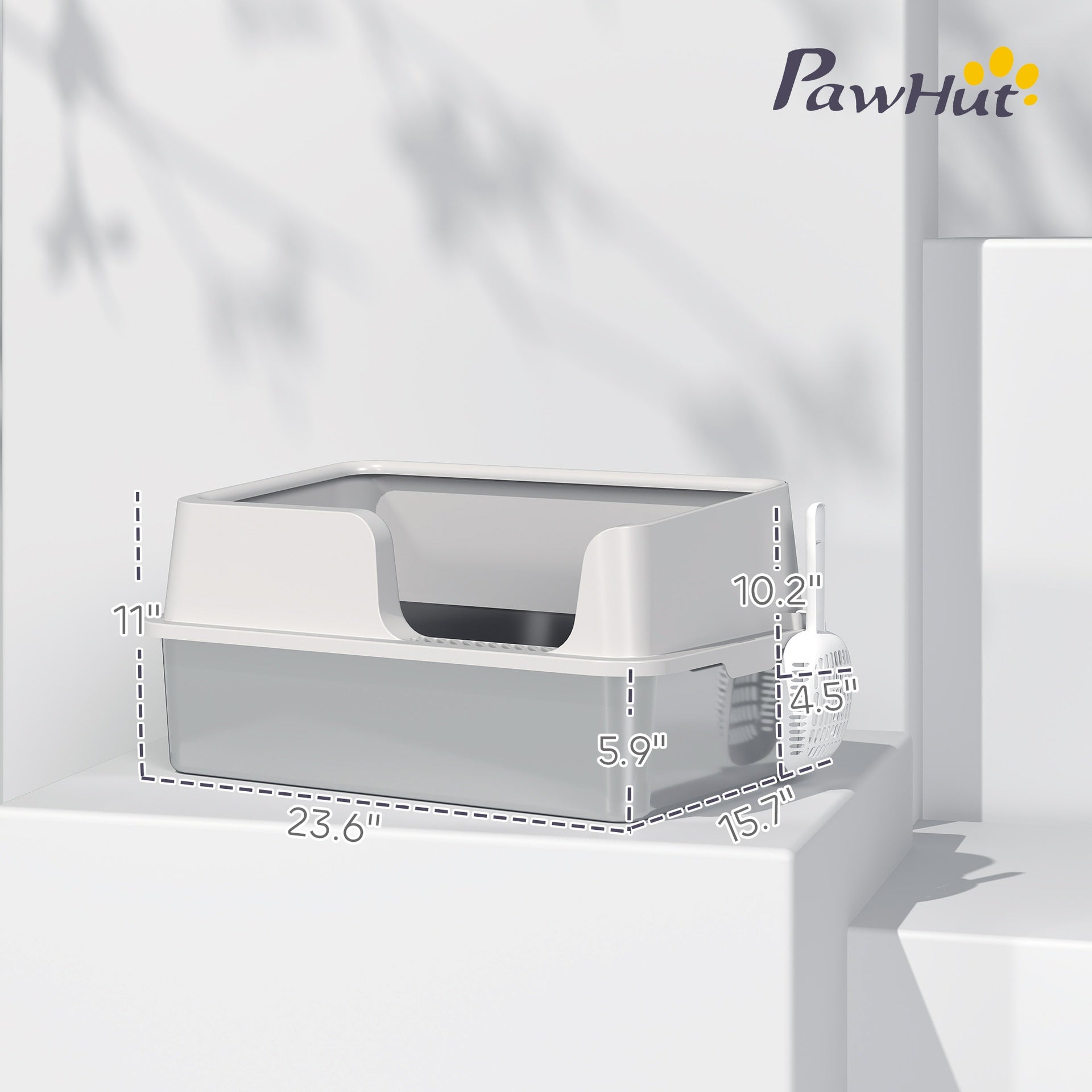 PawHut Stainless Steel Litter Box with High Side, Scoop, Easy Cleaning & Anti-Urine Leakage, for Big Cats, Light Gray