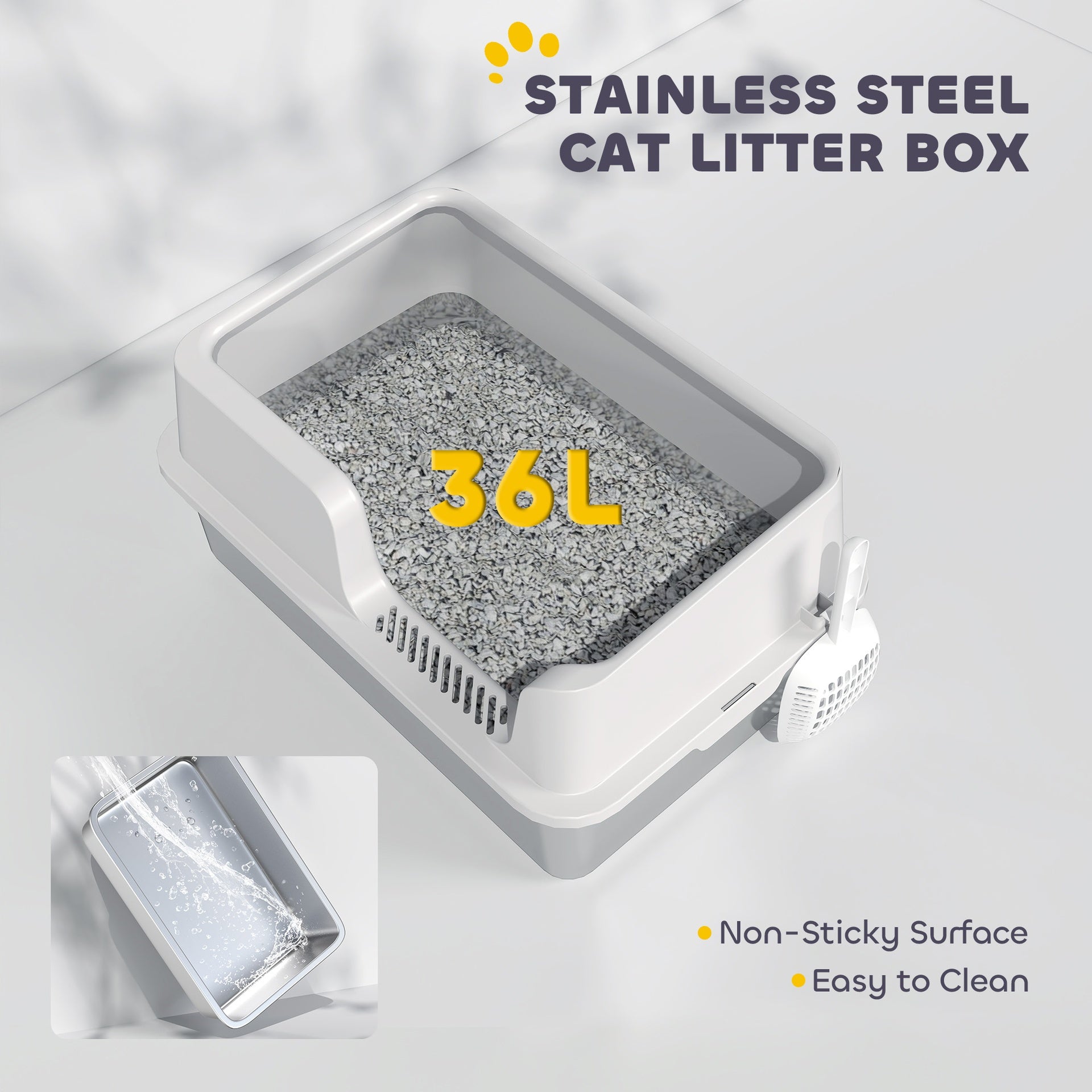 PawHut Stainless Steel Litter Box with High Side, Scoop, Easy Cleaning & Anti-Urine Leakage, for Big Cats, Light Gray