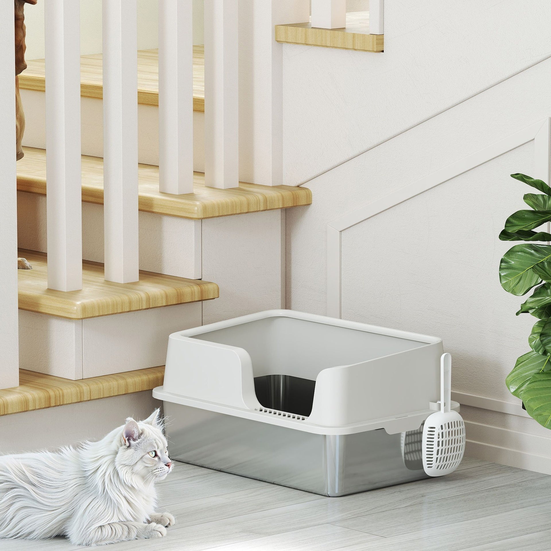 PawHut Stainless Steel Litter Box with High Side, Scoop, Easy Cleaning & Anti-Urine Leakage, for Big Cats, Light Gray