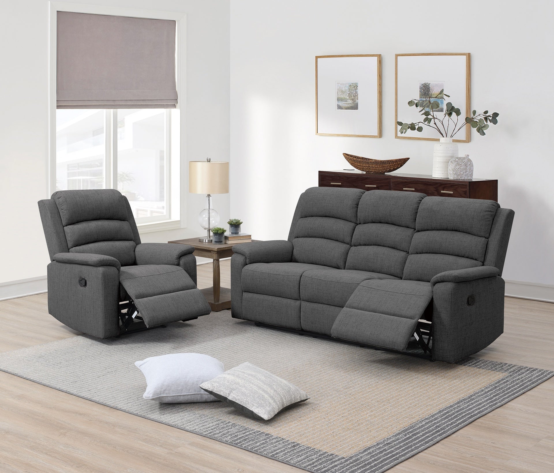 Modern 2pc Living Room Set 1x Sofa 1x Recliner Vertical Tufting Cushion Backrest Padded Armrest And Backrest Dark Gray Finish Primary Living Rom Furniture