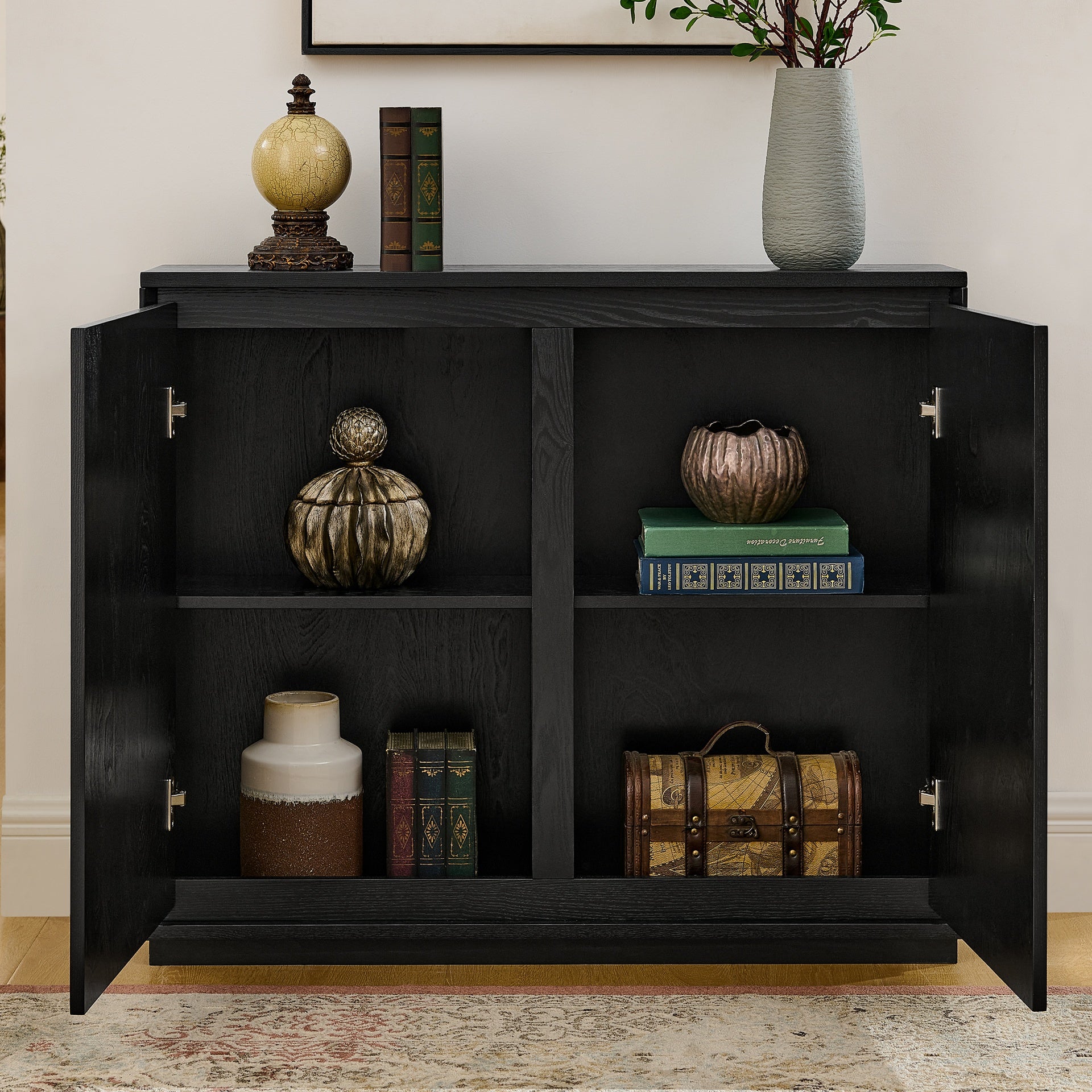 Mid Century Modern V-shape Storage Cabinet, Buffet Cabinet with Storage, Narrow Side Cabinet for Living Room Entryway Hallway Kitchen, Coffee Bar, Black