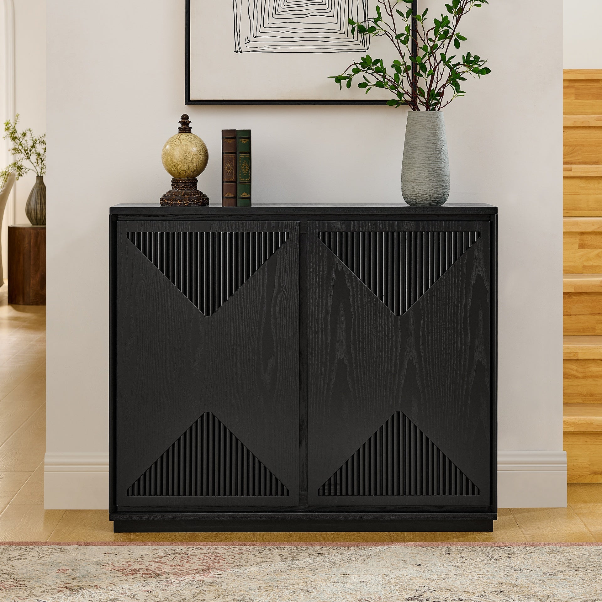 Mid Century Modern V-shape Storage Cabinet, Buffet Cabinet with Storage, Narrow Side Cabinet for Living Room Entryway Hallway Kitchen, Coffee Bar, Black