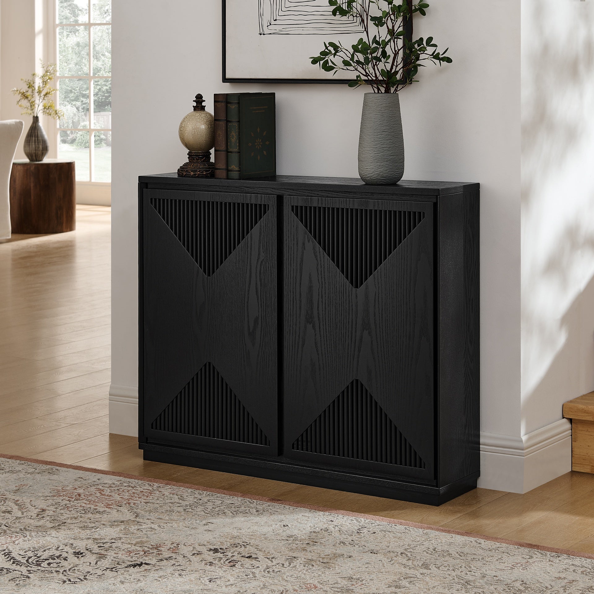 Mid Century Modern V-shape Storage Cabinet, Buffet Cabinet with Storage, Narrow Side Cabinet for Living Room Entryway Hallway Kitchen, Coffee Bar, Black