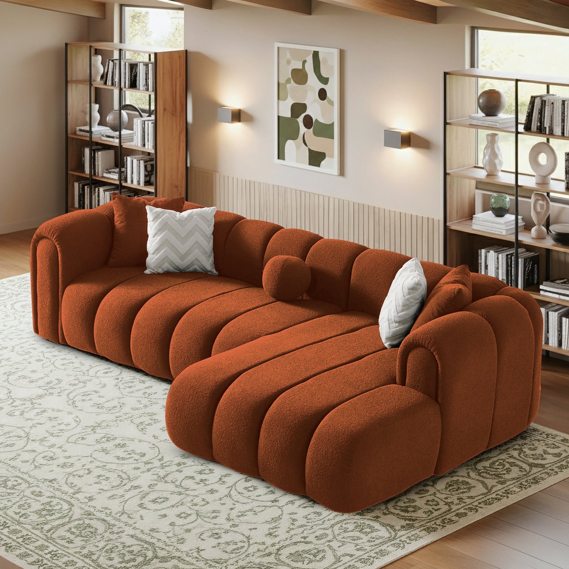 Beatrice Modern Tufted Burnt Orange Boucle Right-Facing Sectional Sofa