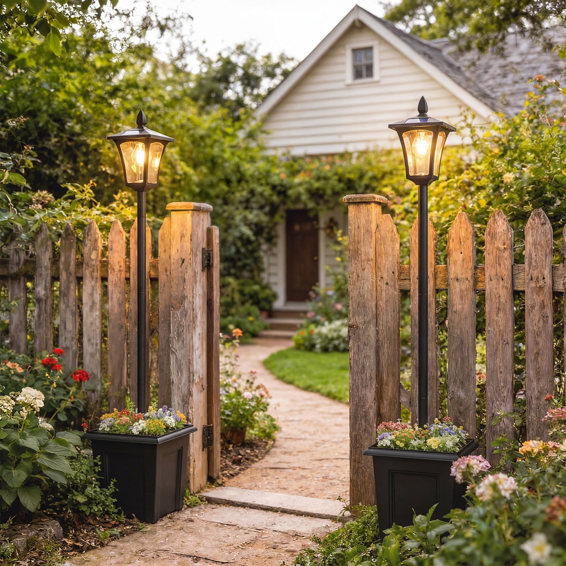 Outsunny 63" Solar Lamp Post Lights 2 Pack, Waterproof LED Solar Light Posts with Planter, Black