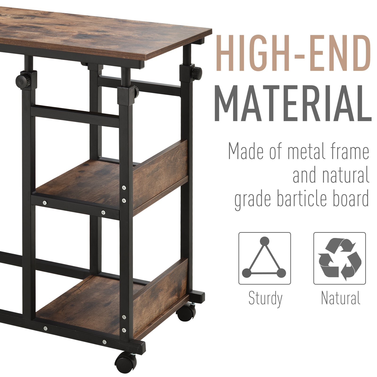HOMCOM Industrial C-Shaped Mobile Rolling Sofa Side Table with 3-Tier Storage Shelving, Adjustable Height, & Wheels
