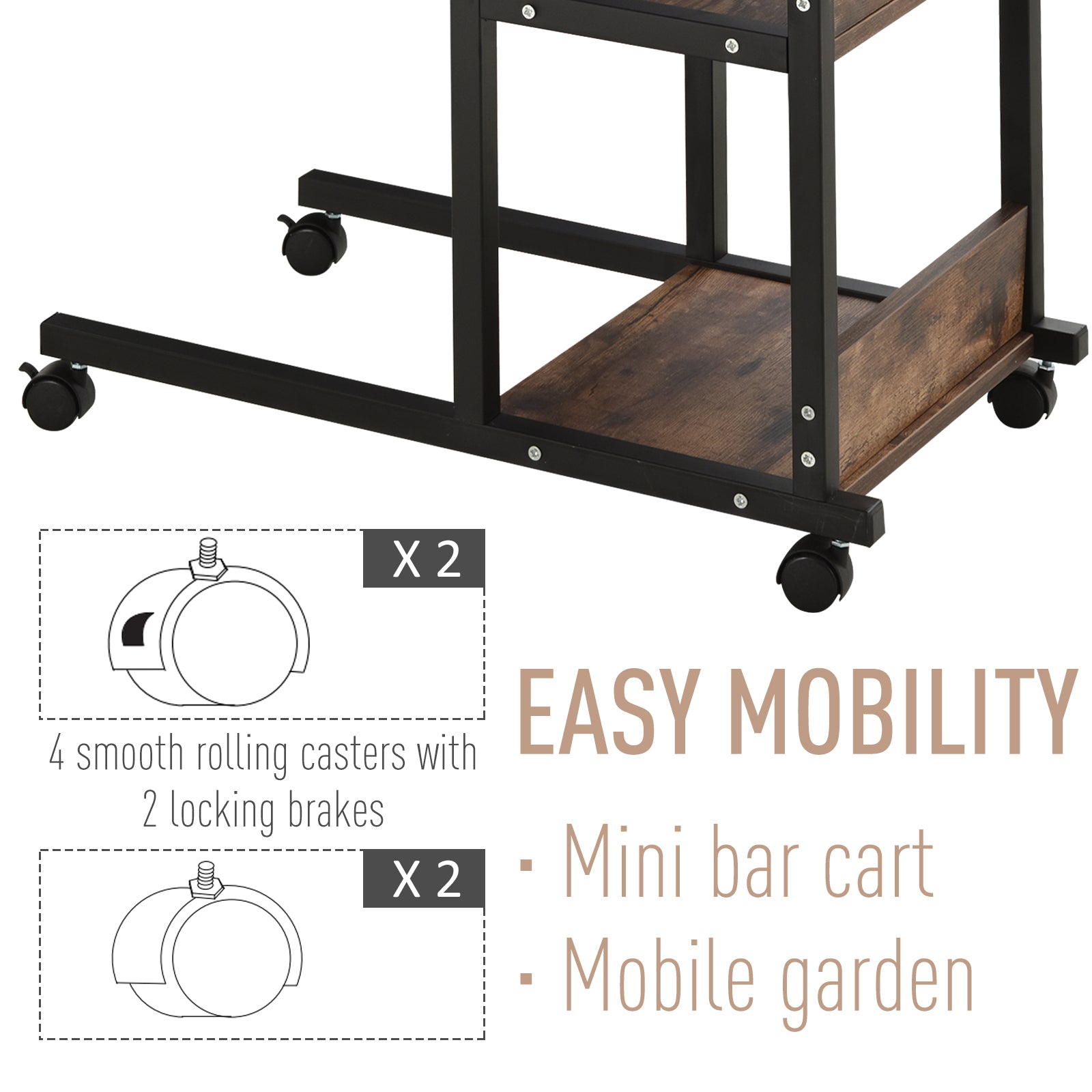 HOMCOM Industrial C-Shaped Mobile Rolling Sofa Side Table with 3-Tier Storage Shelving, Adjustable Height, & Wheels