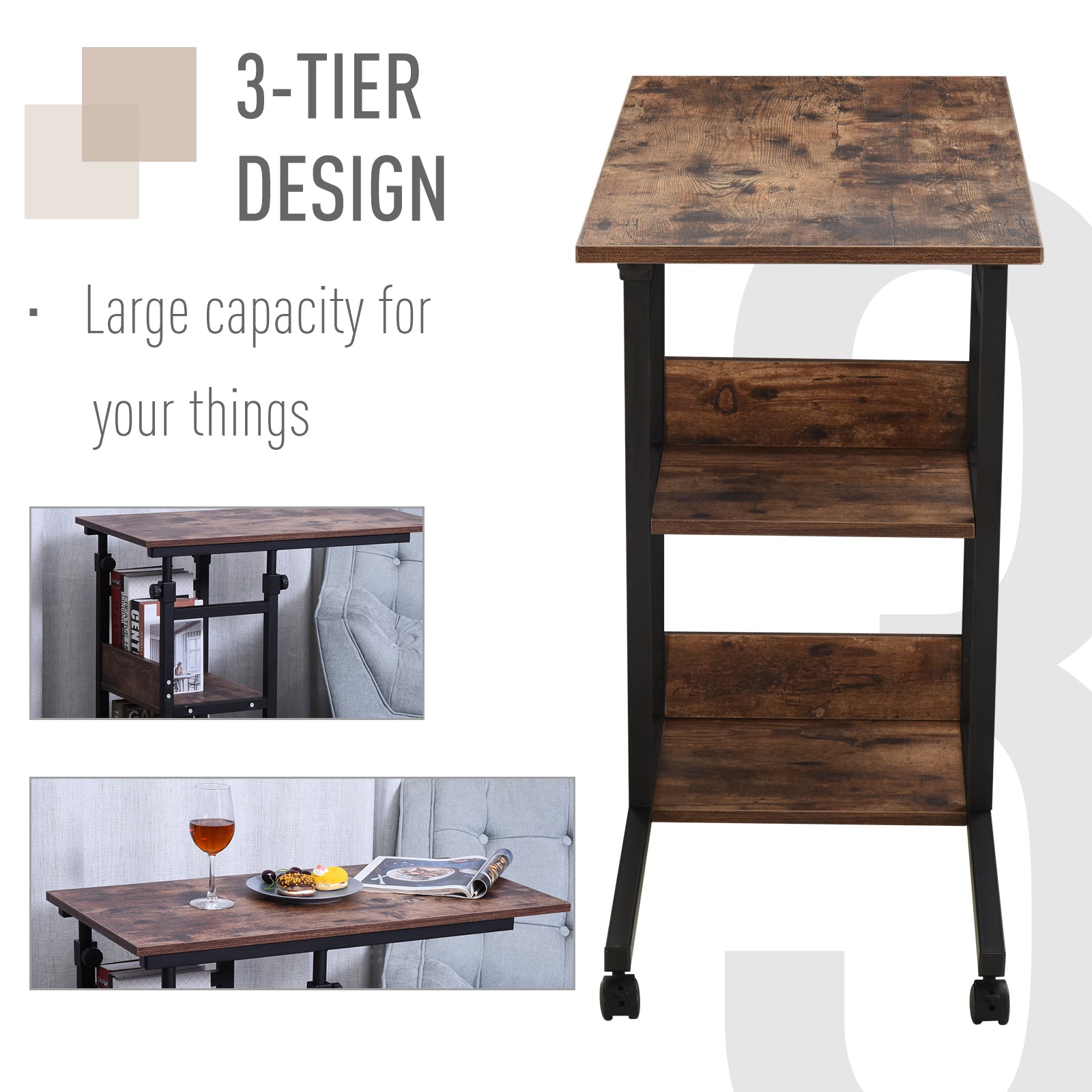 HOMCOM Industrial C-Shaped Mobile Rolling Sofa Side Table with 3-Tier Storage Shelving, Adjustable Height, & Wheels
