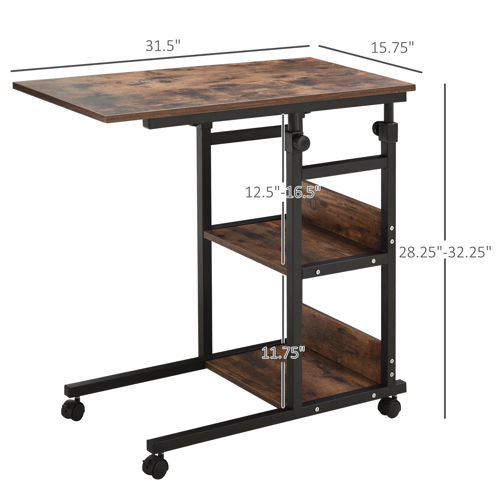 HOMCOM Industrial C-Shaped Mobile Rolling Sofa Side Table with 3-Tier Storage Shelving, Adjustable Height, & Wheels