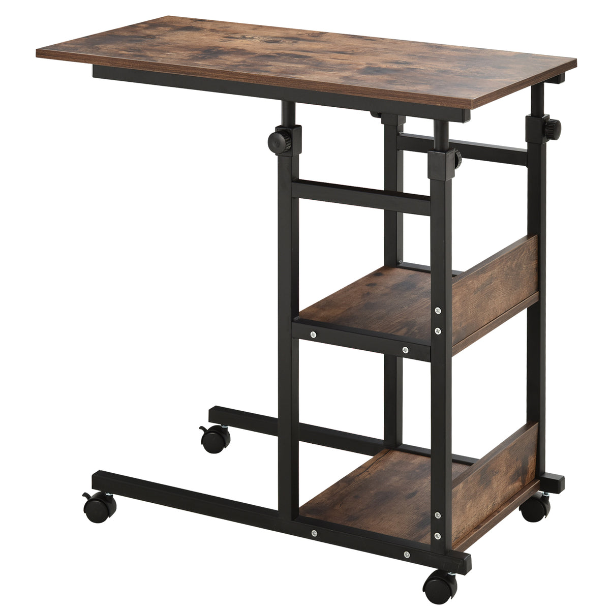 HOMCOM Industrial C-Shaped Mobile Rolling Sofa Side Table with 3-Tier Storage Shelving, Adjustable Height, & Wheels