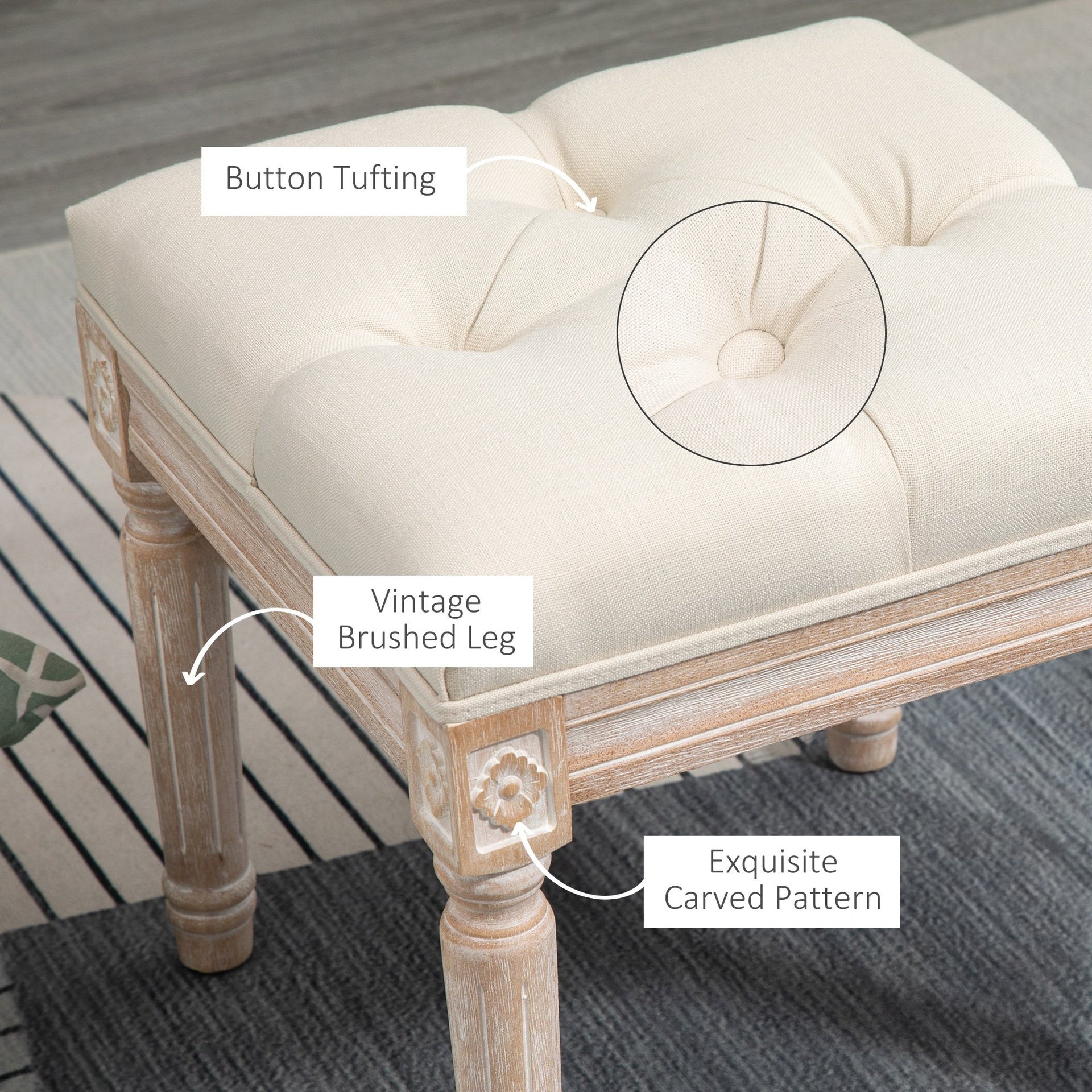 HOMCOM Ottoman Bench Vintage Footrest w/ Button Tufted Seat, Carved Wooden Legs, Beige