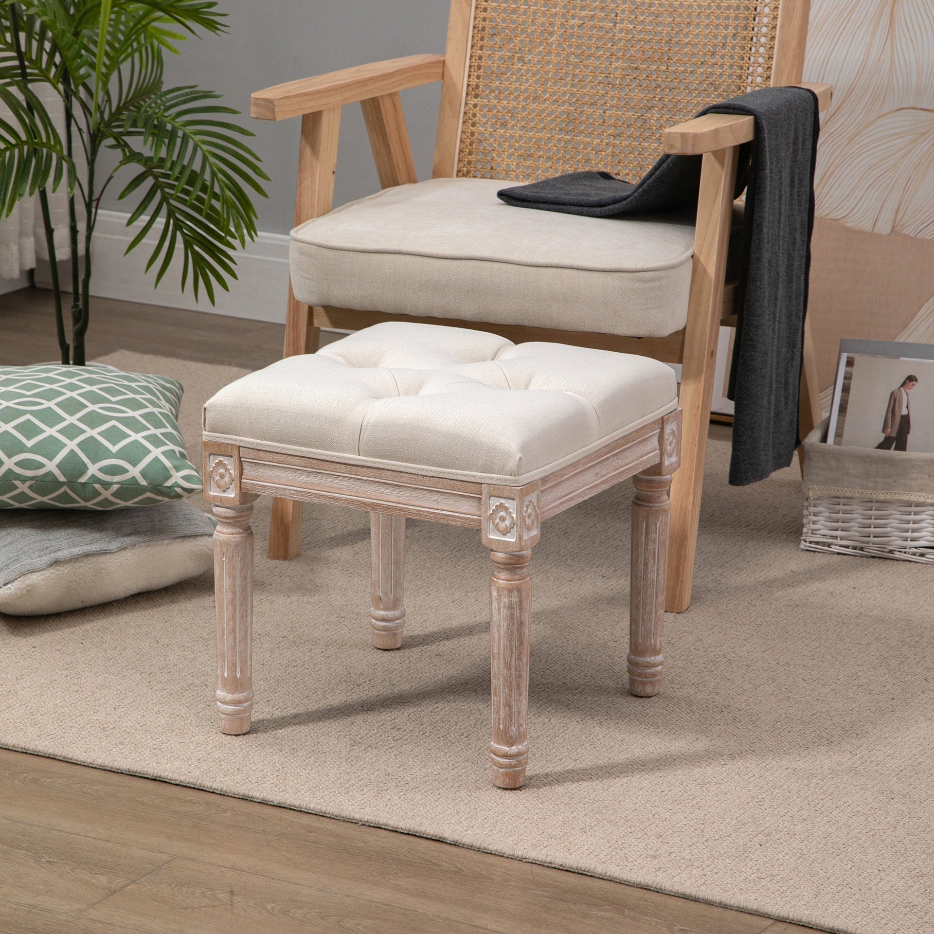HOMCOM Ottoman Bench Vintage Footrest w/ Button Tufted Seat, Carved Wooden Legs, Beige
