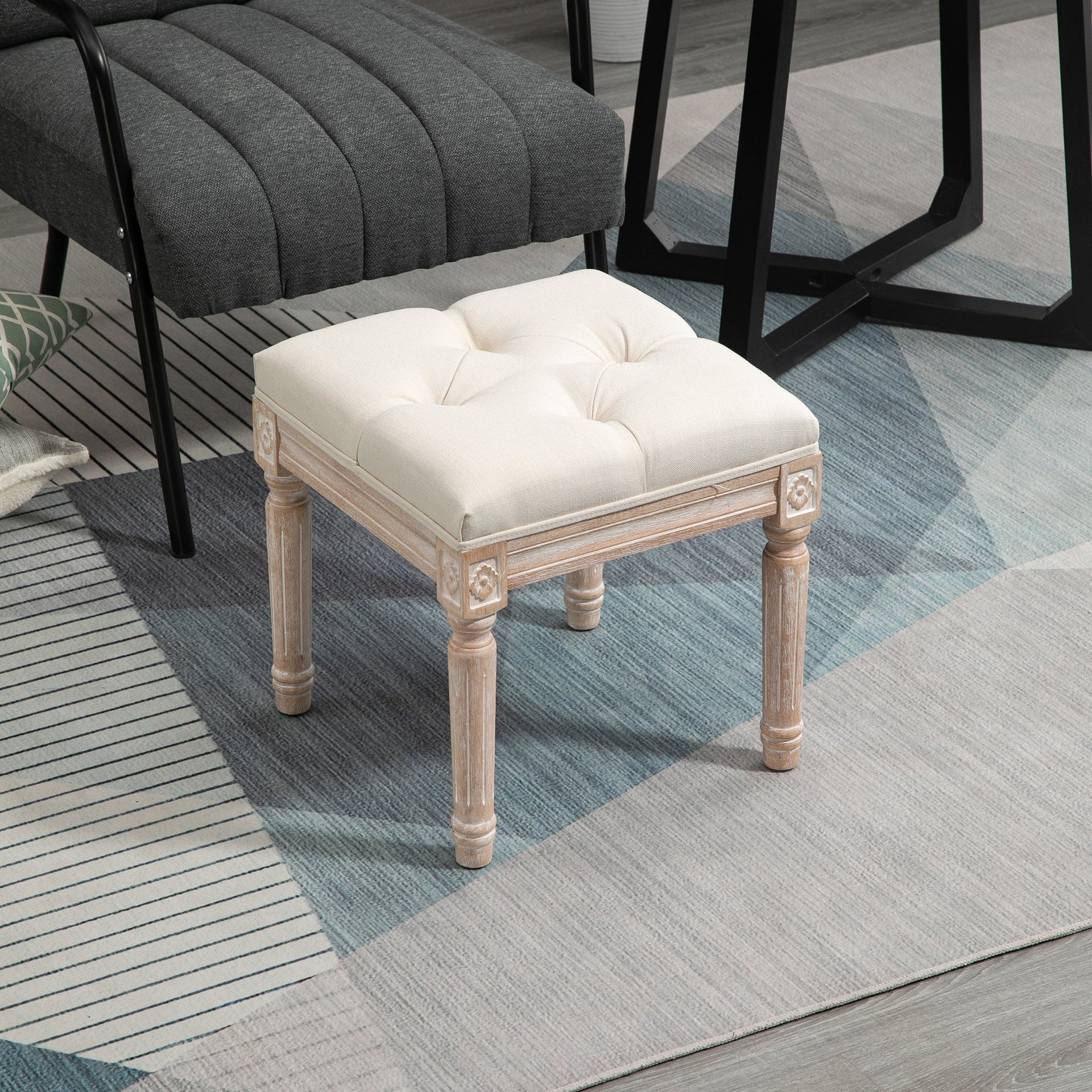 HOMCOM Ottoman Bench Vintage Footrest w/ Button Tufted Seat, Carved Wooden Legs, Beige