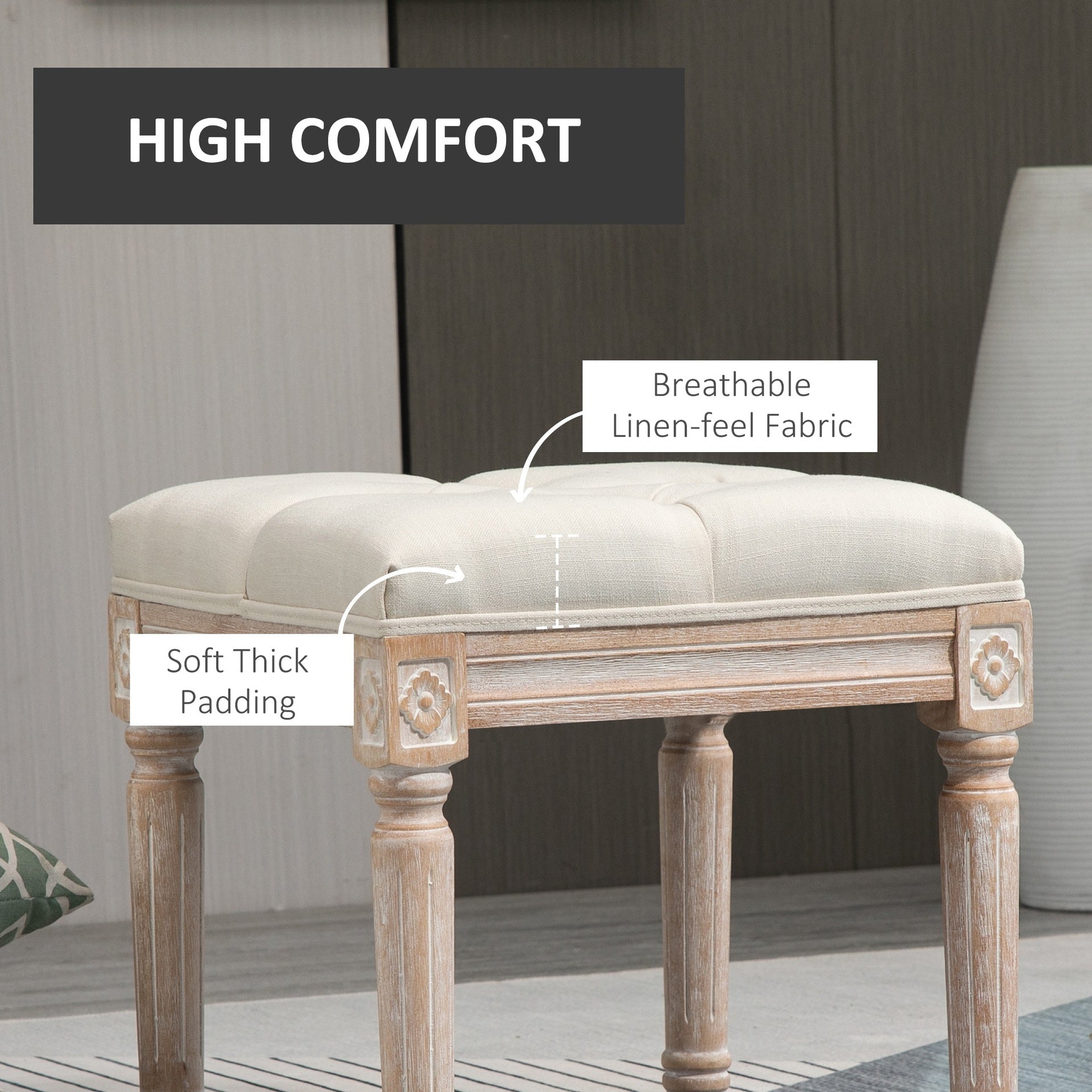 HOMCOM Ottoman Bench Vintage Footrest w/ Button Tufted Seat, Carved Wooden Legs, Beige