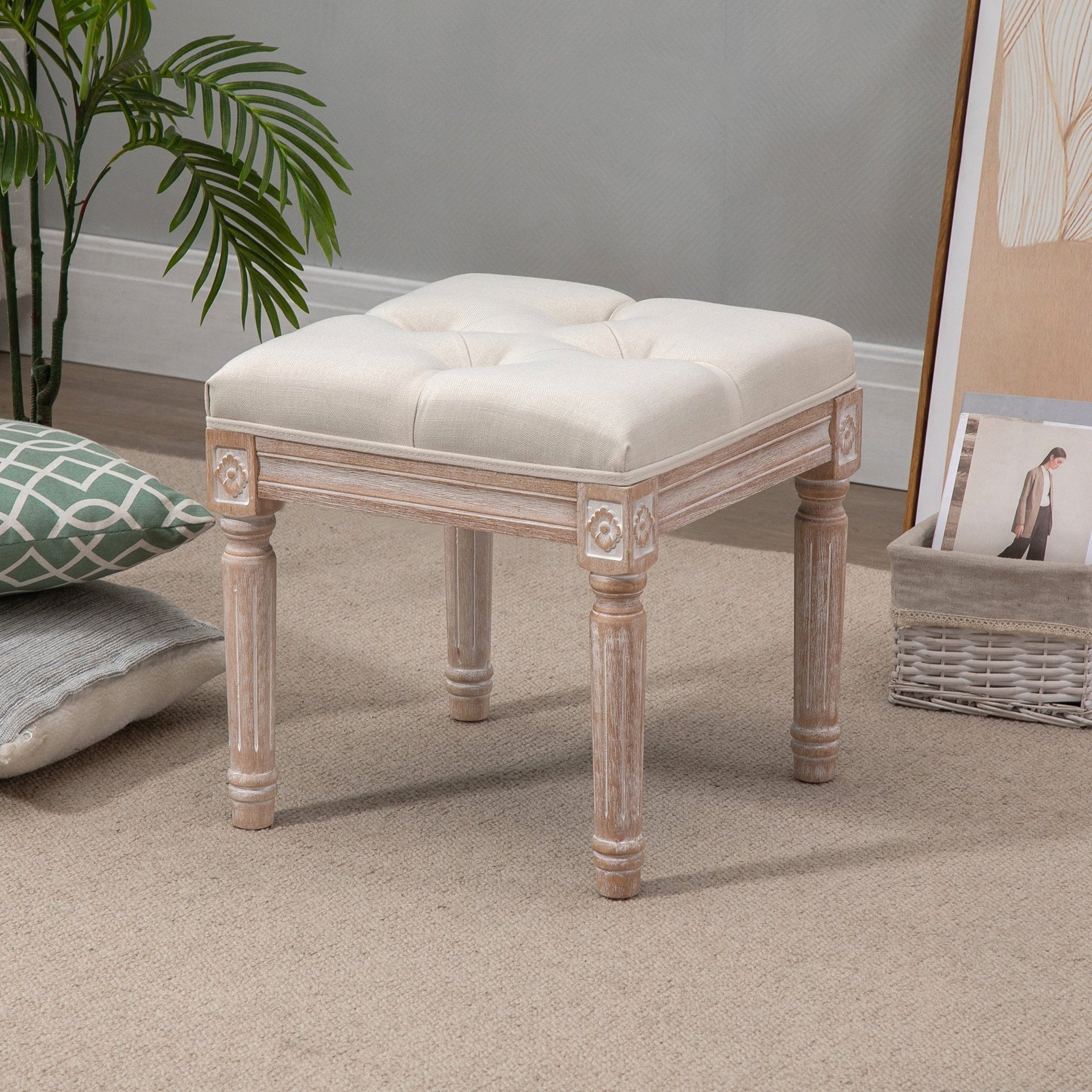 HOMCOM Ottoman Bench Vintage Footrest w/ Button Tufted Seat, Carved Wooden Legs, Beige