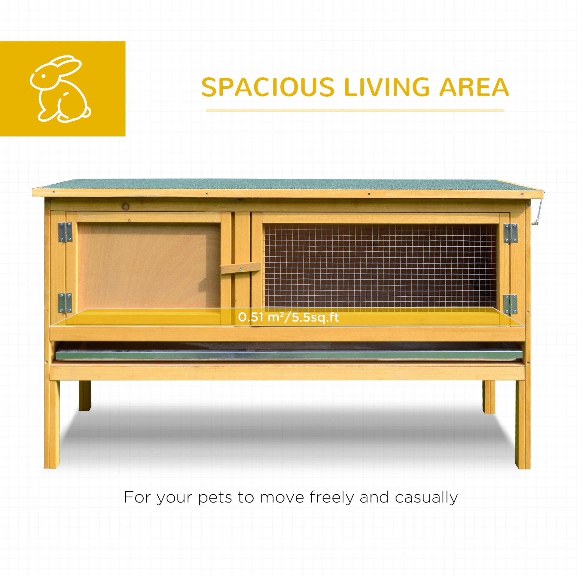 PawHut Wooden Rabbit Hutch Bunny Cage with Openable Waterproof Roof, No Leak Tray Solid Fir Wood Build for Rabbits, Chickens, Ducks, Indoor/Outdoor