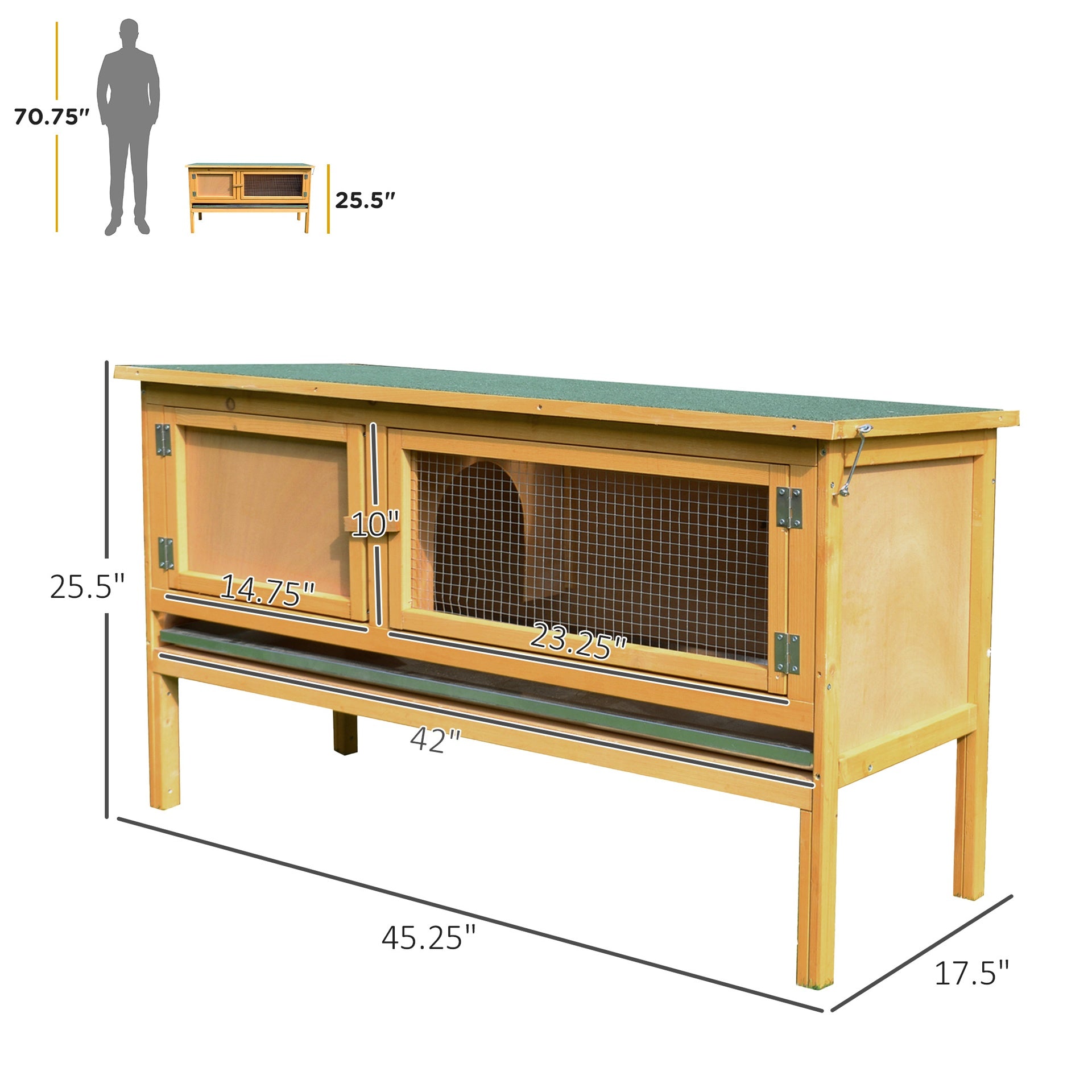 PawHut Wooden Rabbit Hutch Bunny Cage with Openable Waterproof Roof, No Leak Tray Solid Fir Wood Build for Rabbits, Chickens, Ducks, Indoor/Outdoor