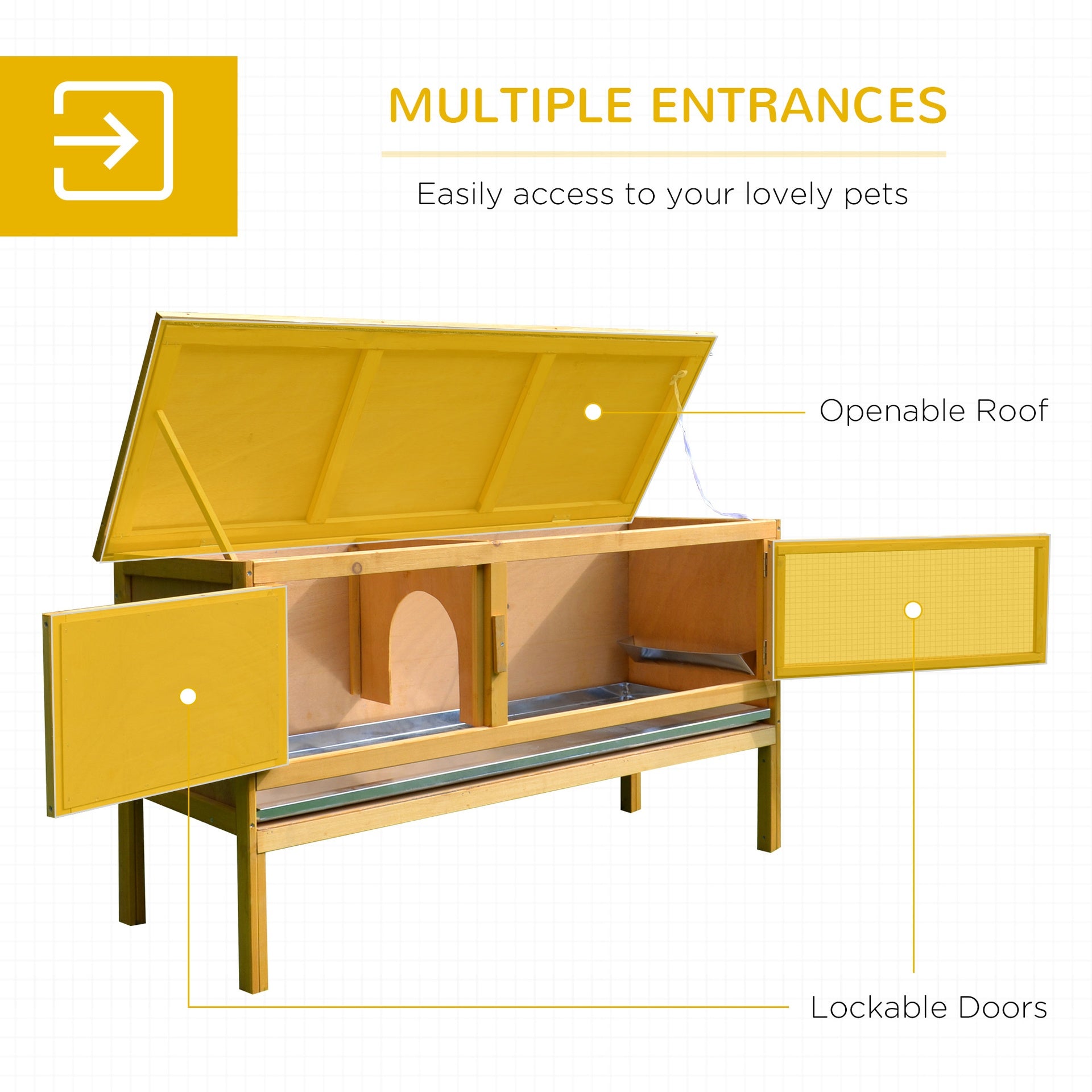 PawHut Wooden Rabbit Hutch Bunny Cage with Openable Waterproof Roof, No Leak Tray Solid Fir Wood Build for Rabbits, Chickens, Ducks, Indoor/Outdoor