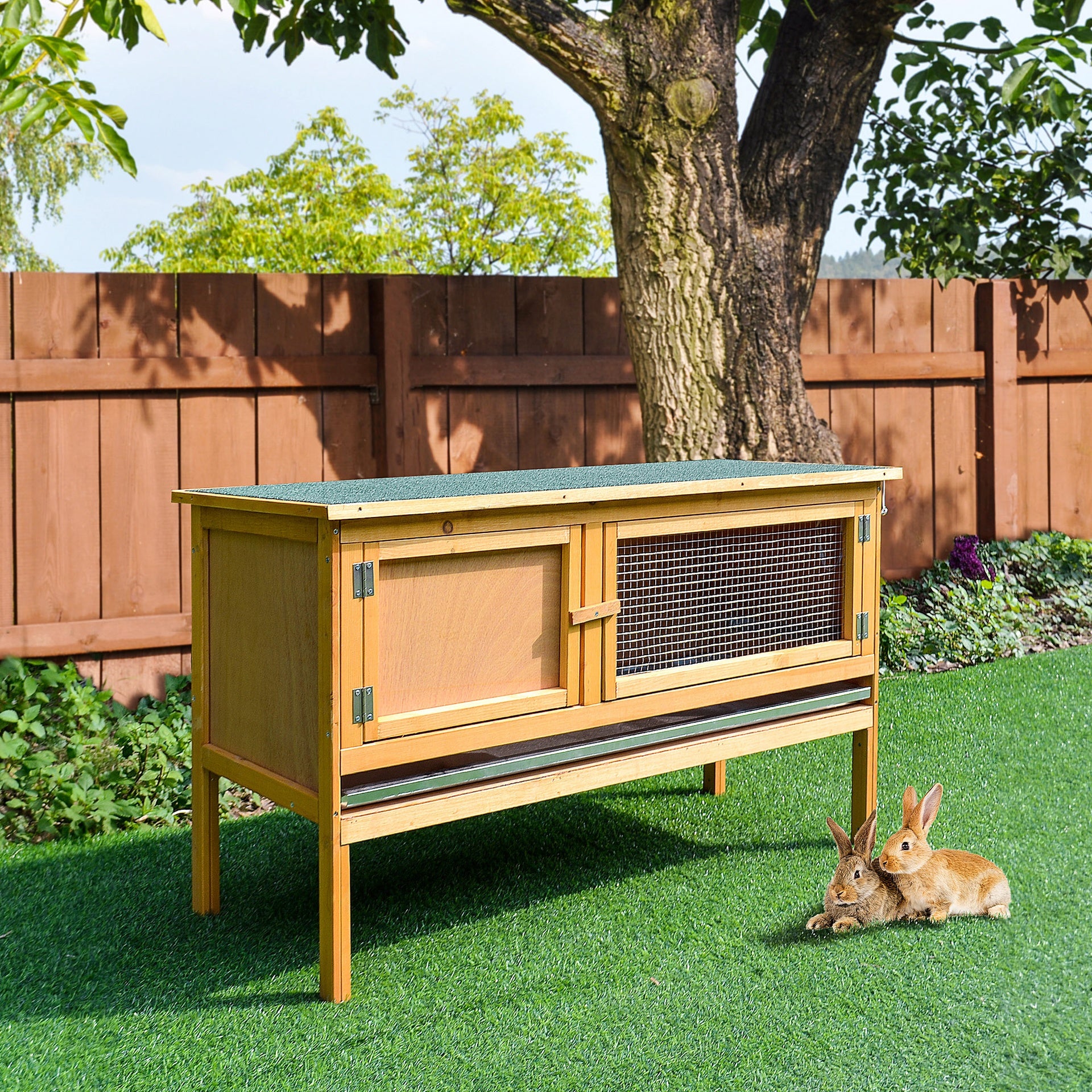 PawHut Wooden Rabbit Hutch Bunny Cage with Openable Waterproof Roof, No Leak Tray Solid Fir Wood Build for Rabbits, Chickens, Ducks, Indoor/Outdoor