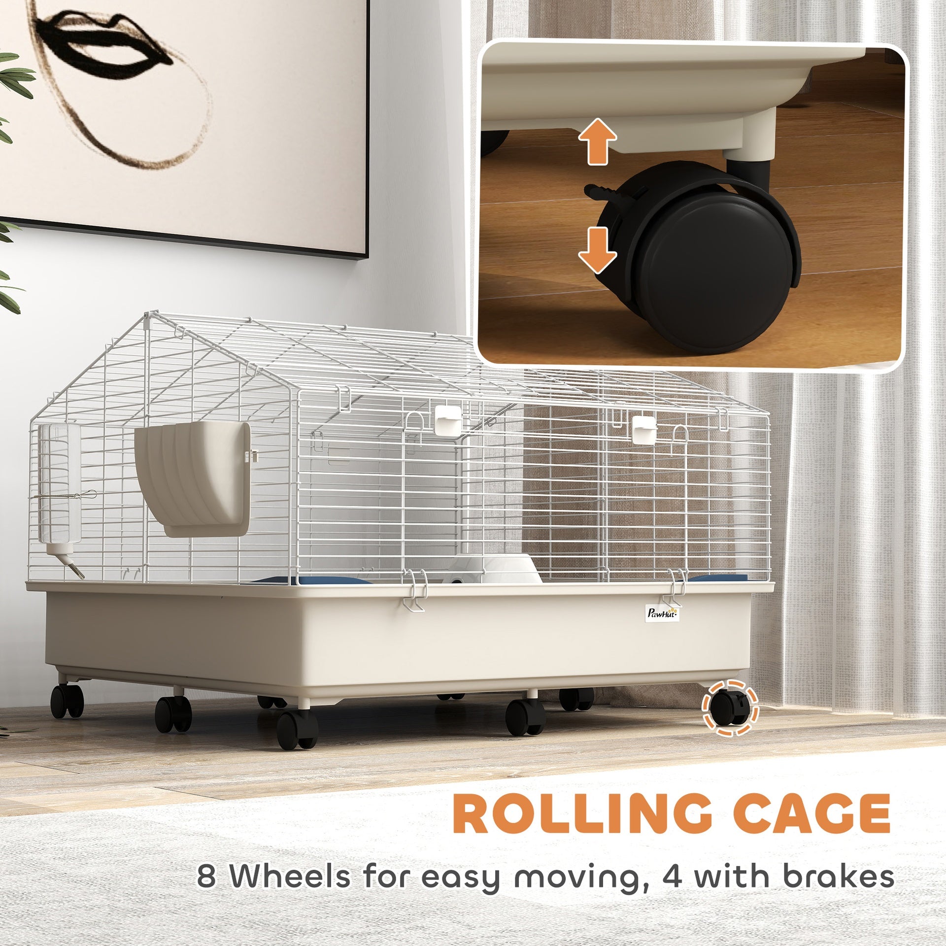 PawHut Rolling Small Animal Cage with Water Bottle, Hay Feeder, Food Dish for Rabbits, Hedgehogs, Guinea Pigs, 35" x 35" x 25"