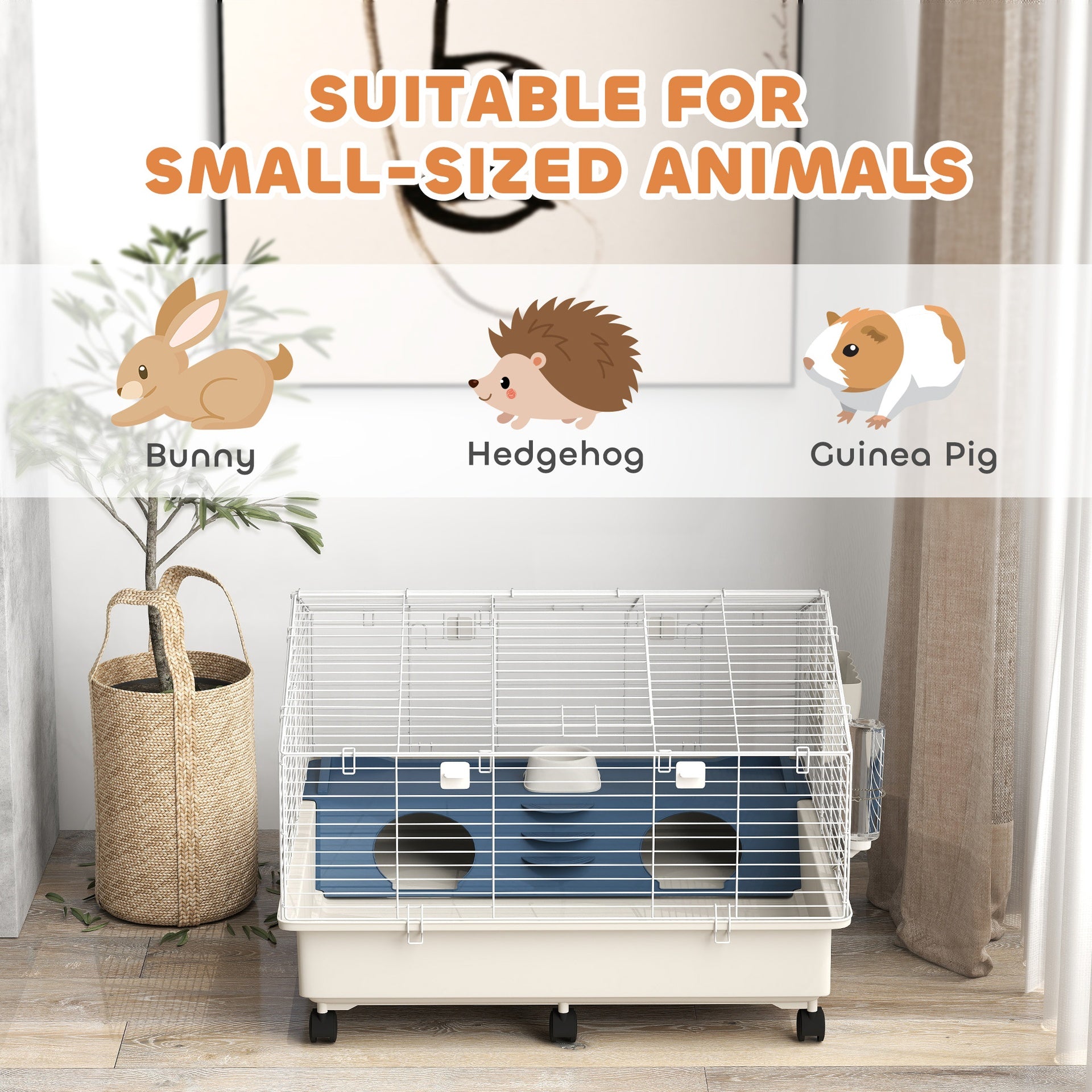 PawHut Rolling Small Animal Cage with Water Bottle, Hay Feeder, Food Dish for Rabbits, Hedgehogs, Guinea Pigs, 35" x 35" x 25"