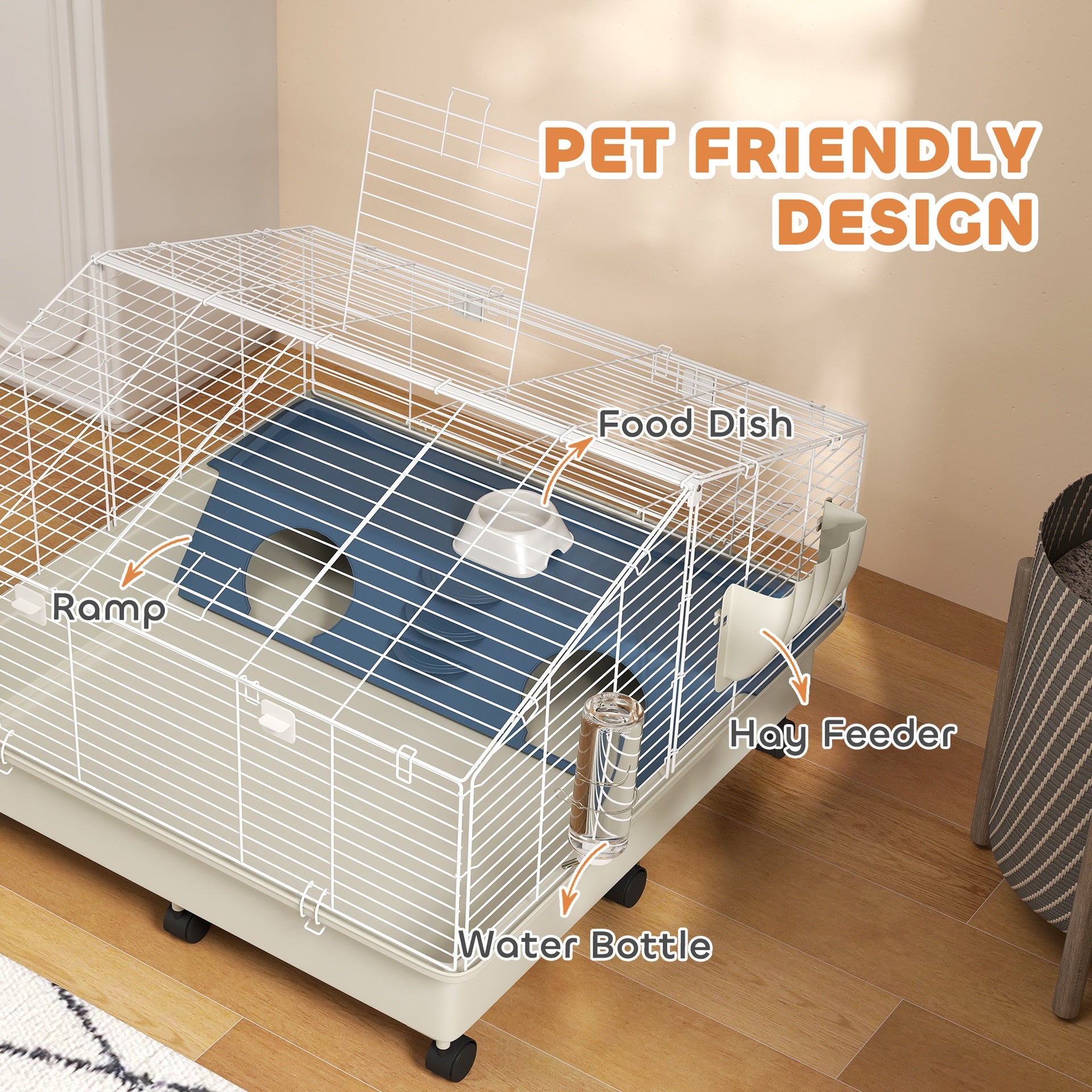 PawHut Rolling Small Animal Cage with Water Bottle, Hay Feeder, Food Dish for Rabbits, Hedgehogs, Guinea Pigs, 35" x 35" x 25"
