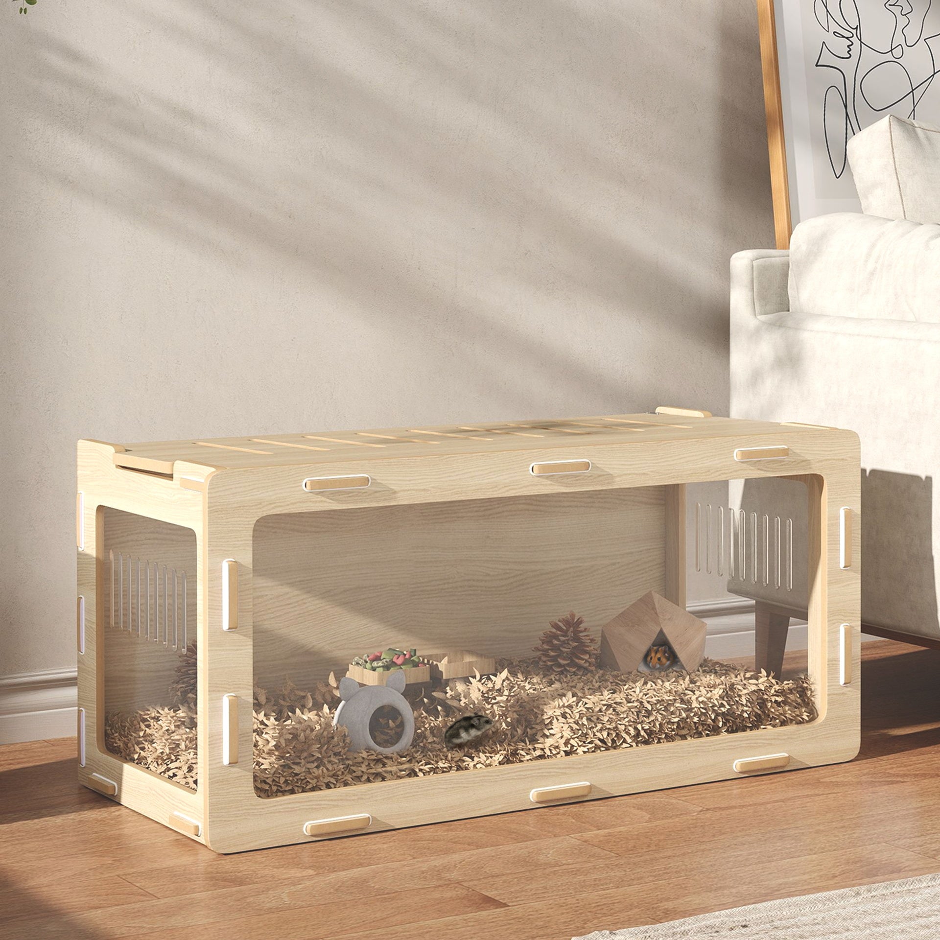 PawHut Hamster Cage with Easy View Acrylic Panels, Air Vents & Openable Roof, for Gerbil, Guinea Pig, 39" x 20" x 18.5", Oak