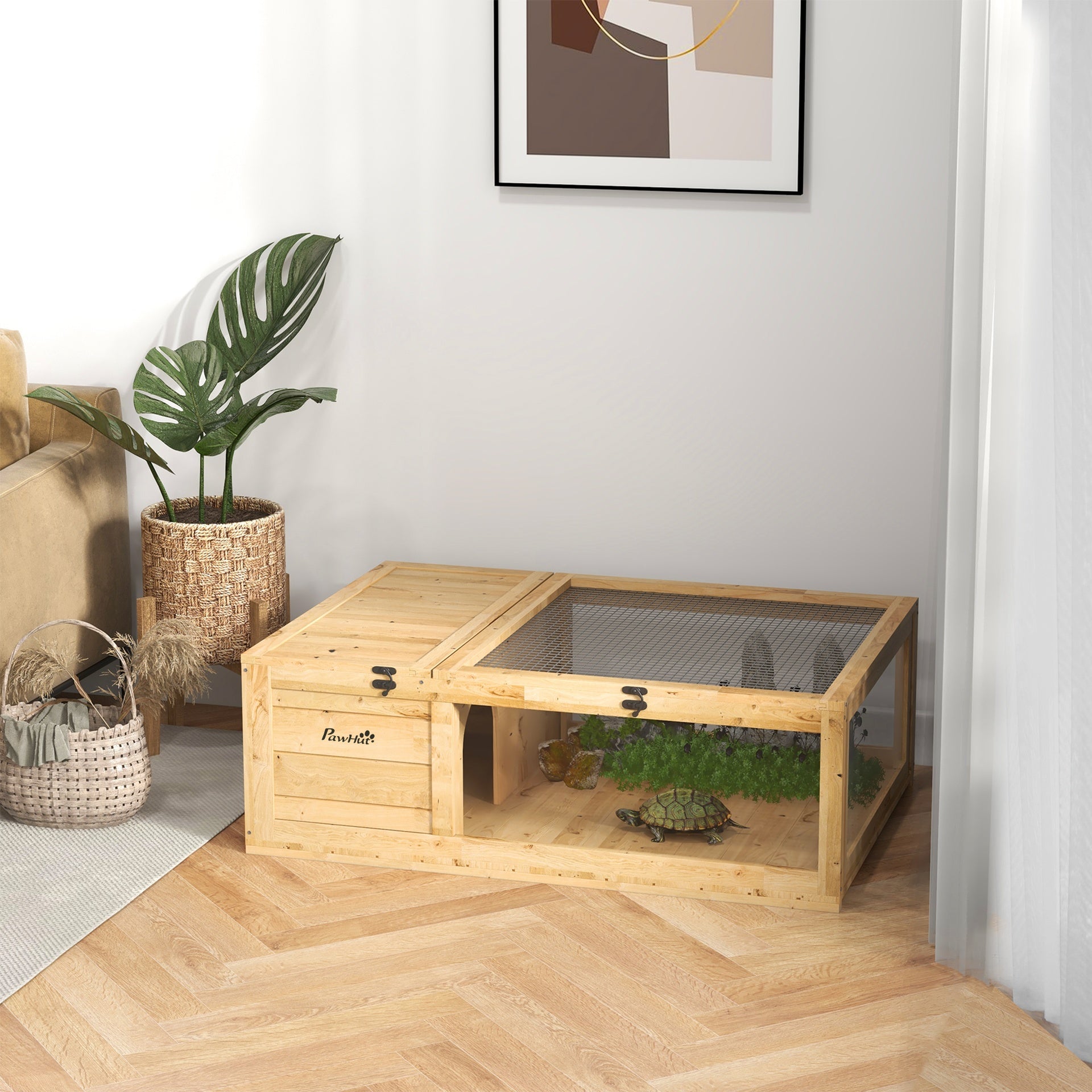 PawHut Wooden Reptile Cage with Top Access for Turtles, Lizards, Snakes, Yellow