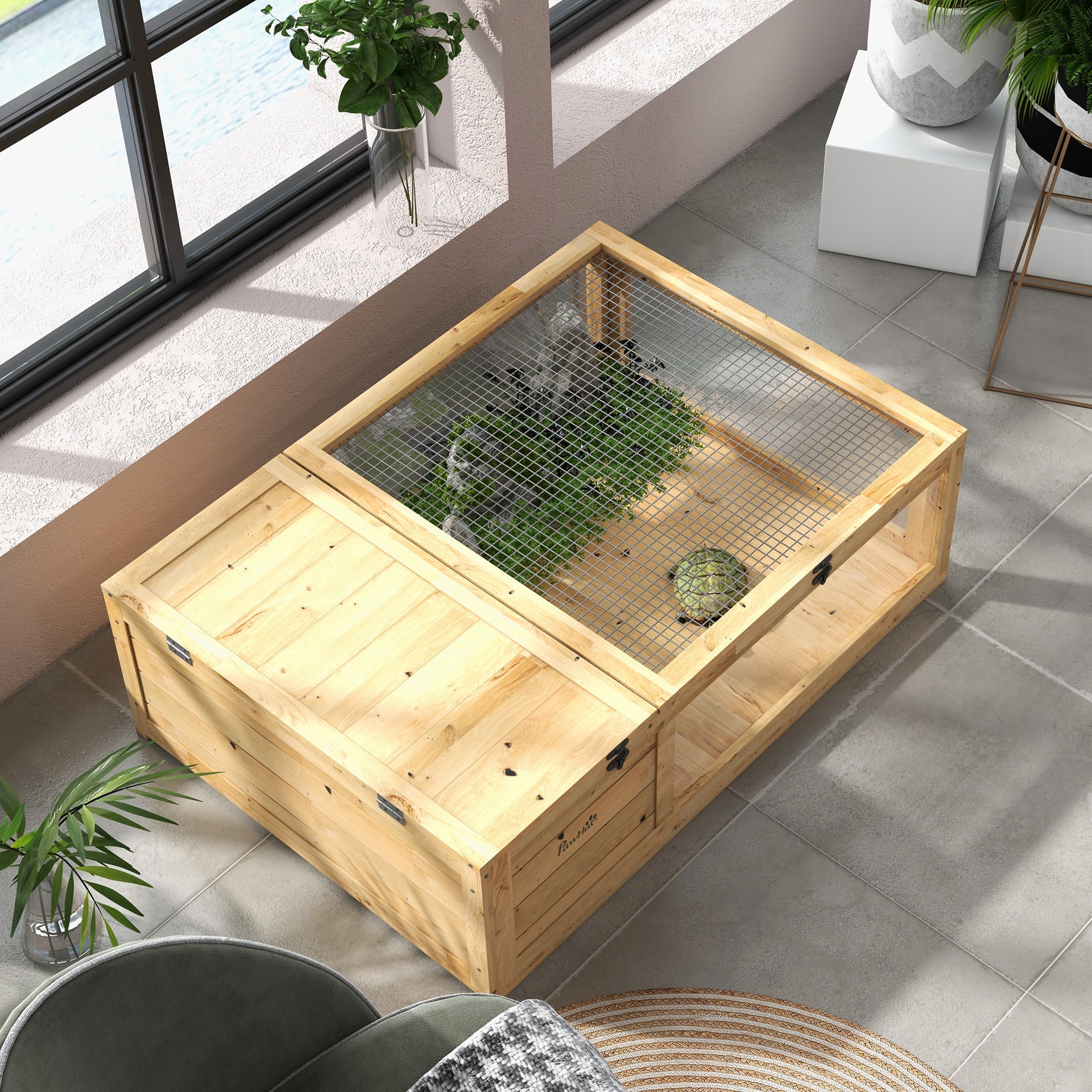PawHut Wooden Reptile Cage with Top Access for Turtles, Lizards, Snakes, Yellow
