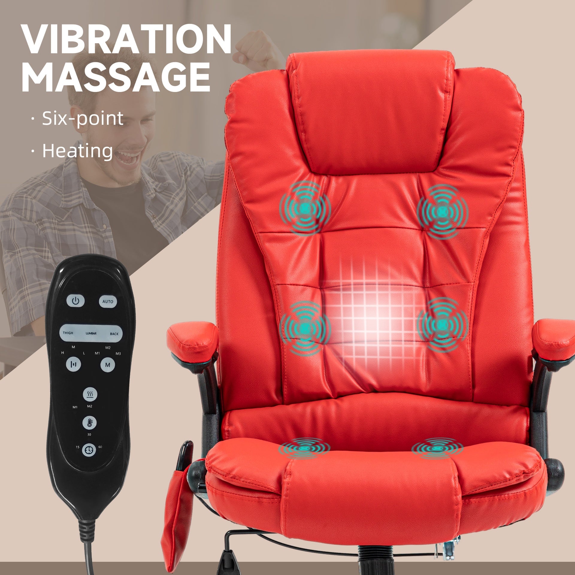 HOMCOM Massage Office Chair, Heated Reclining Computer Chair with 6 Vibration Points, Armrest and Remote, Red