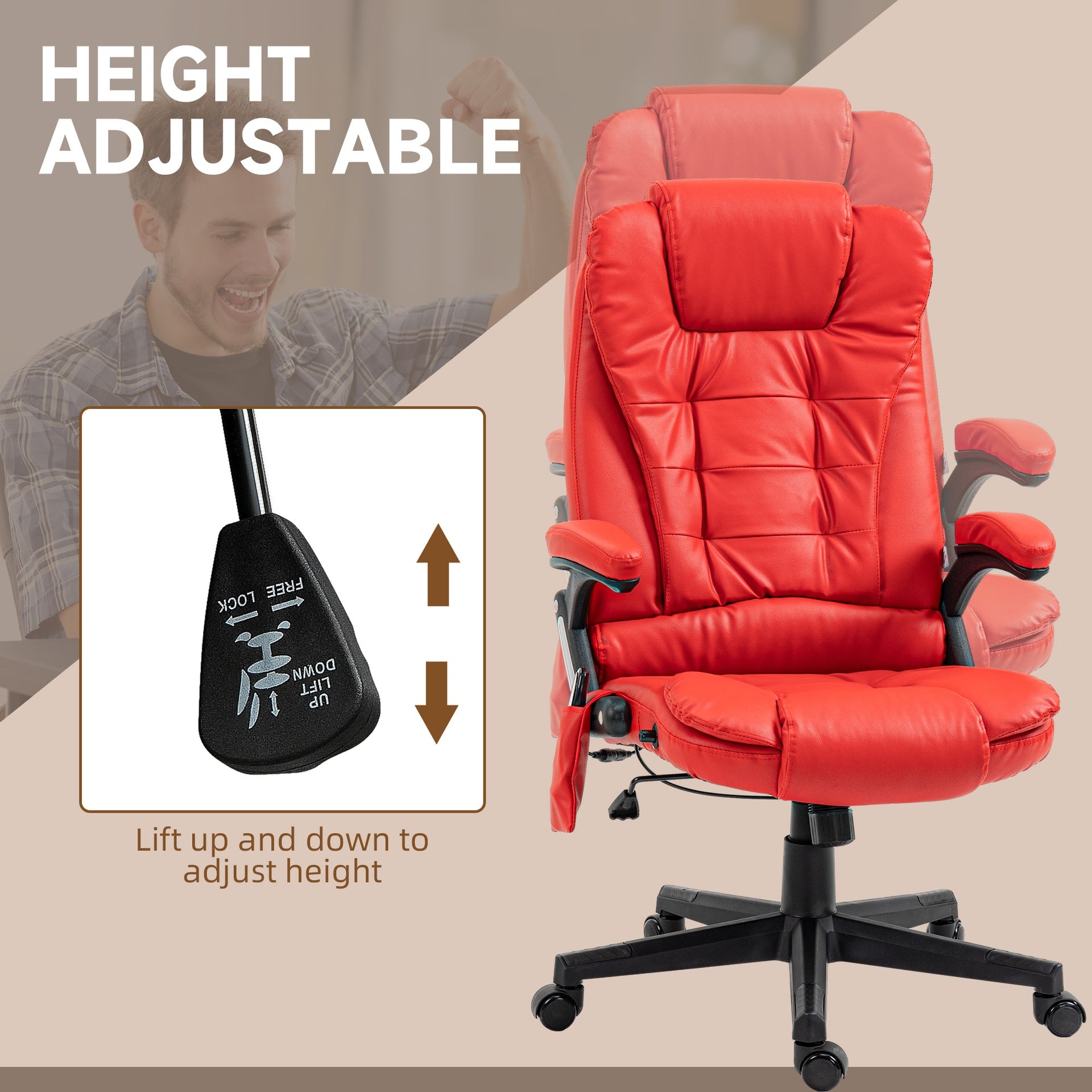 HOMCOM Massage Office Chair, Heated Reclining Computer Chair with 6 Vibration Points, Armrest and Remote, Red