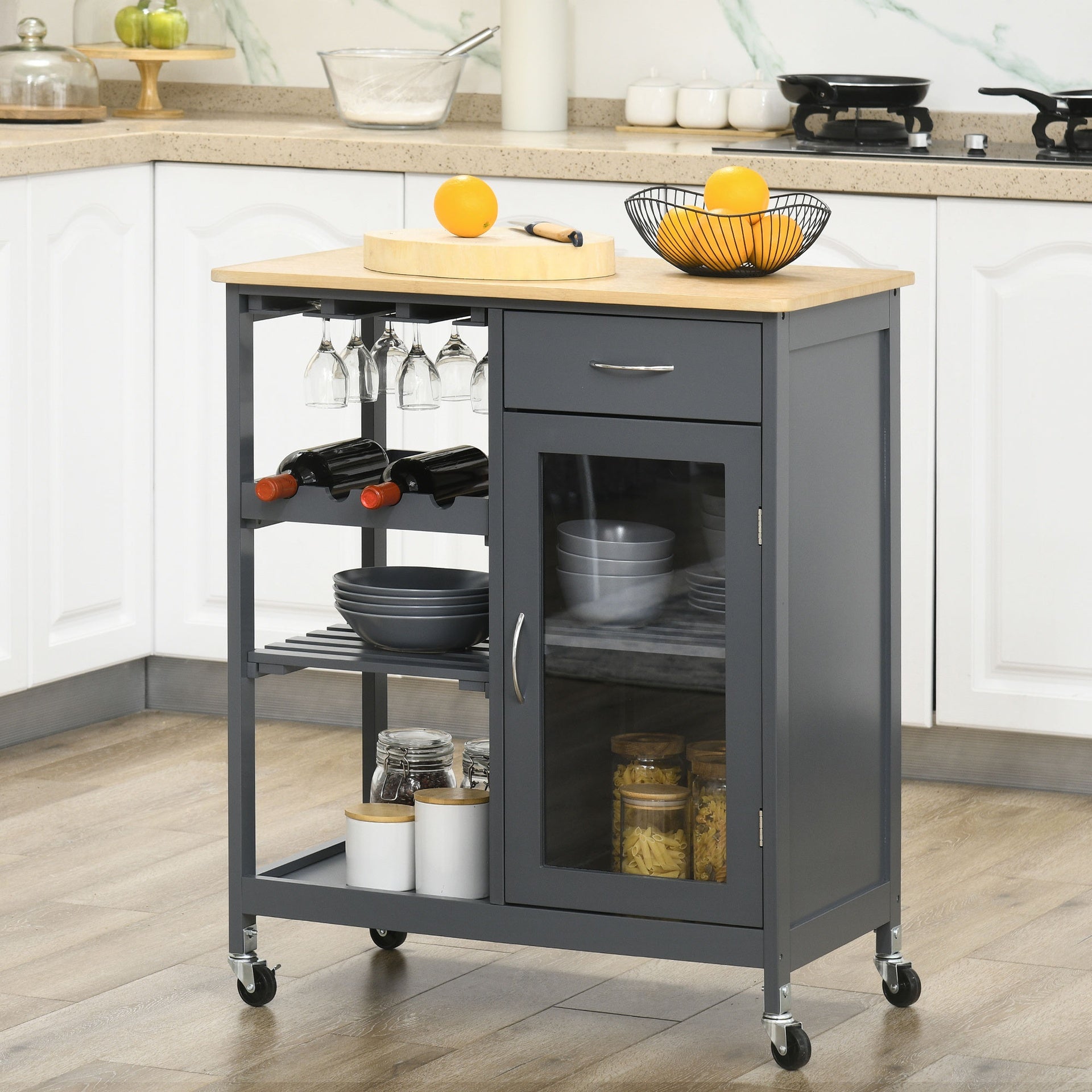 HOMCOM Rolling Kitchen Island with Storage, Kitchen Cart with 4-bottle Wine Rack, Bar Cart with Stemware Holder, Shelves, Drawer and Cabinet, Gray