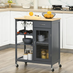 HOMCOM Rolling Kitchen Island with Storage, Kitchen Cart with 4-bottle Wine Rack, Bar Cart with Stemware Holder, Shelves, Drawer and Cabinet, Gray