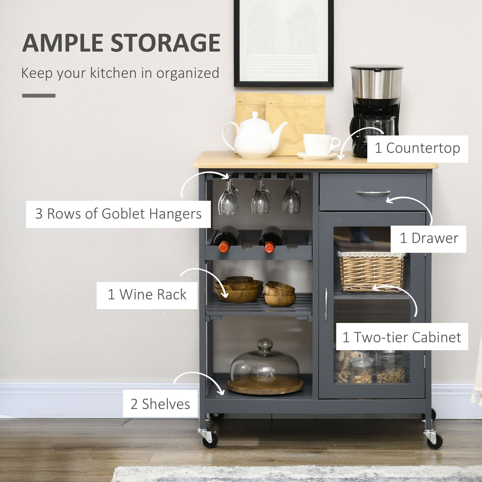 HOMCOM Rolling Kitchen Island with Storage, Kitchen Cart with 4-bottle Wine Rack, Bar Cart with Stemware Holder, Shelves, Drawer and Cabinet, Gray