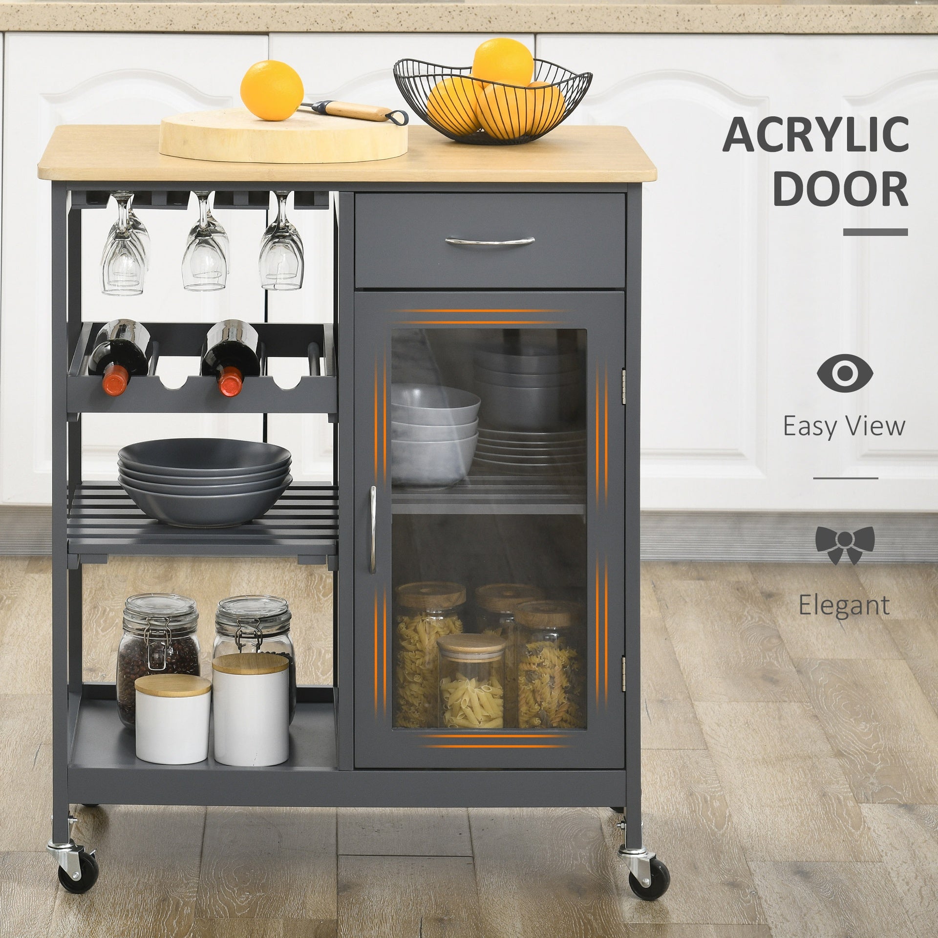 HOMCOM Rolling Kitchen Island with Storage, Kitchen Cart with 4-bottle Wine Rack, Bar Cart with Stemware Holder, Shelves, Drawer and Cabinet, Gray