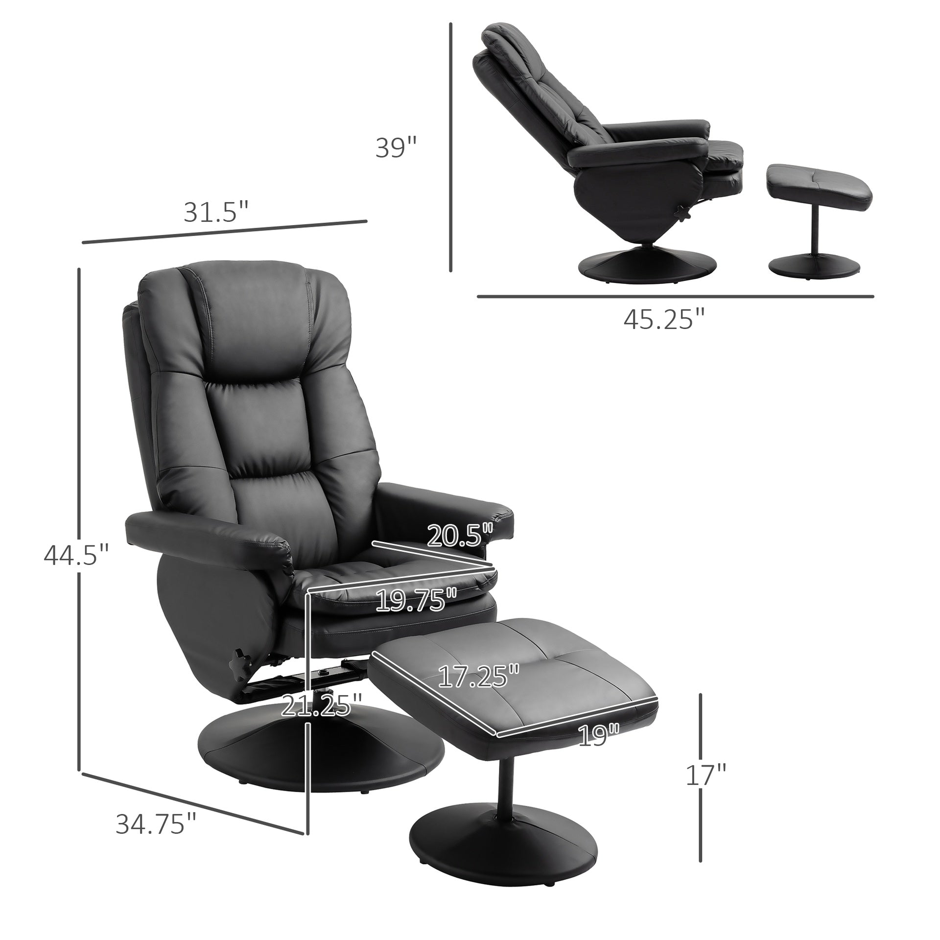 HOMCOM PU Leather Recliner Chair with Ottoman, Swivel Recliner and Ottoman with Round Wrapped Base for Living Room, Black