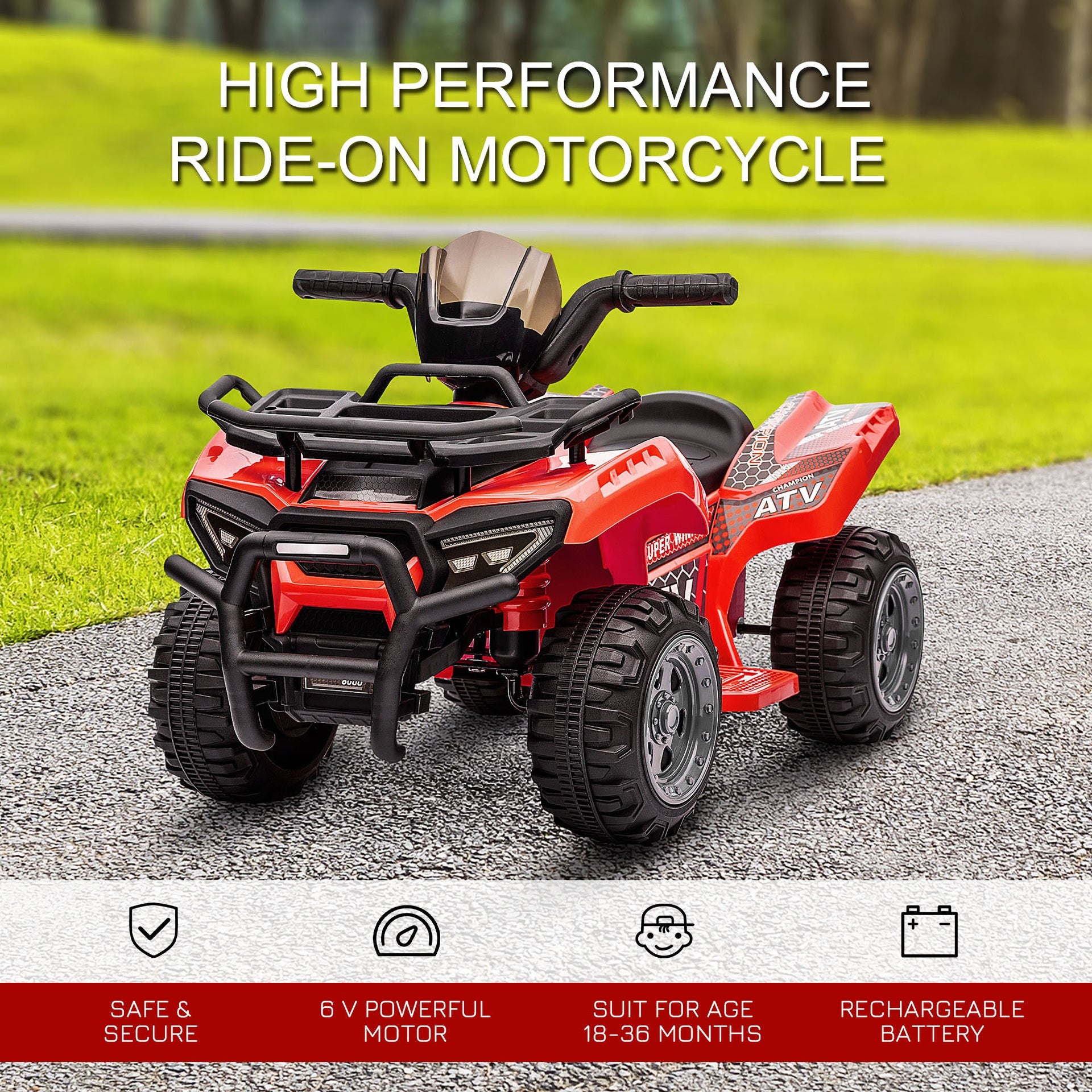 Aosom 6V Battery Powered Electric ATV, Quad Four Wheeler Ride On Toy Car w/ LED Headlights for Kids Toddlers, Red