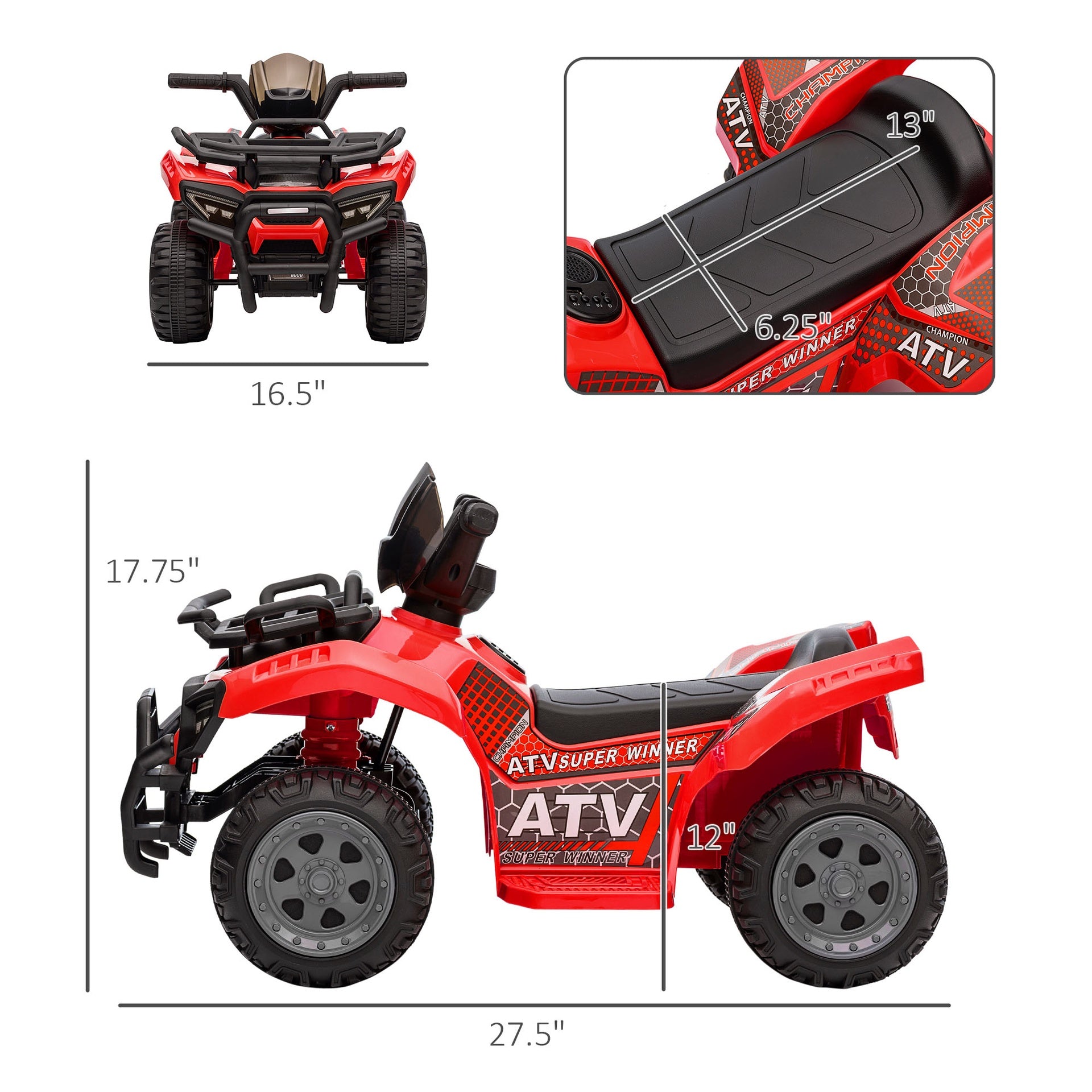 Aosom 6V Battery Powered Electric ATV, Quad Four Wheeler Ride On Toy Car w/ LED Headlights for Kids Toddlers, Red