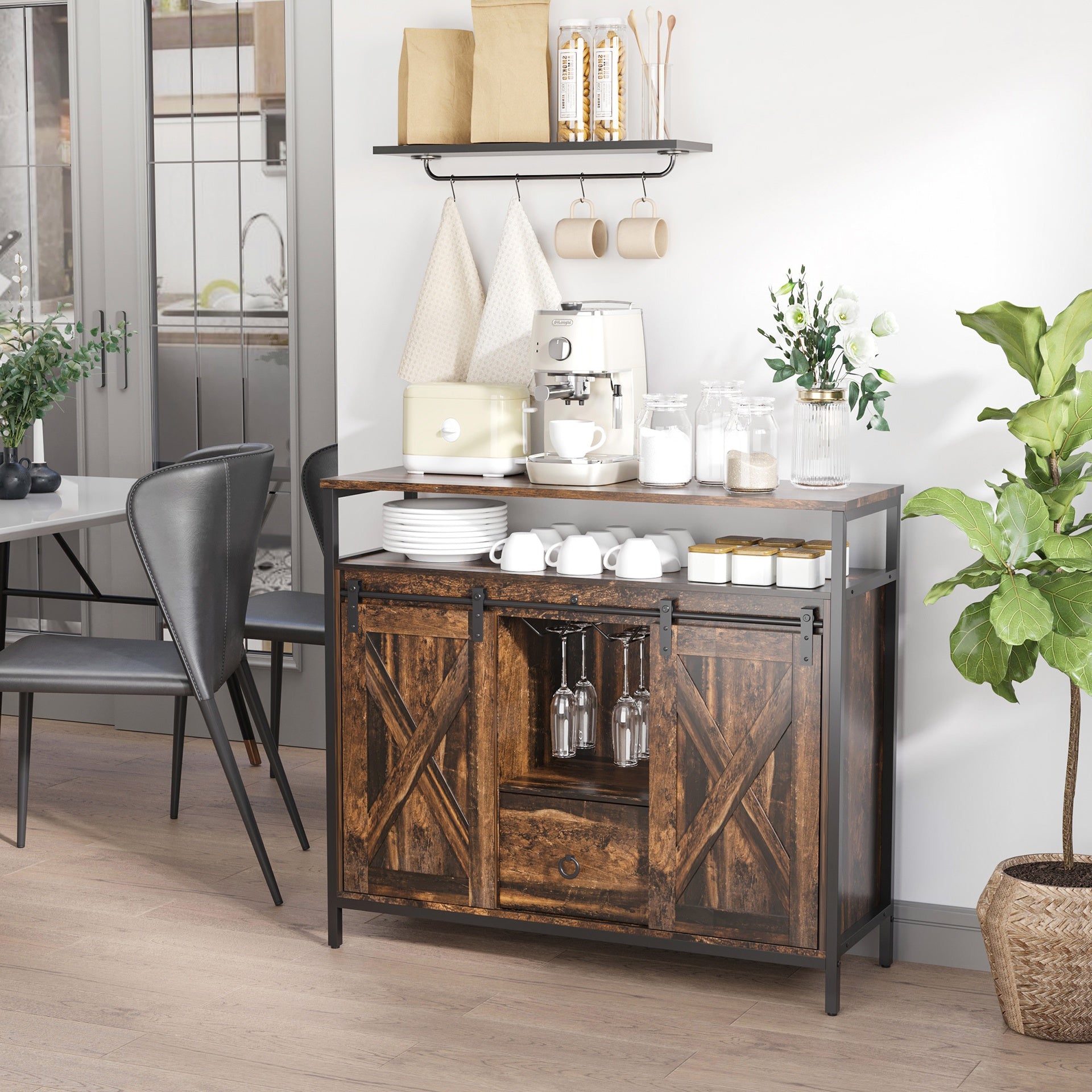 HOMCOM Industrial Sideboard Buffet Cabinet with Sliding Barn Doors, Coffee Bar Cabinet with Stemware Racks, Drawer and Adjustable Shelves for Kitchen, Rustic Brown