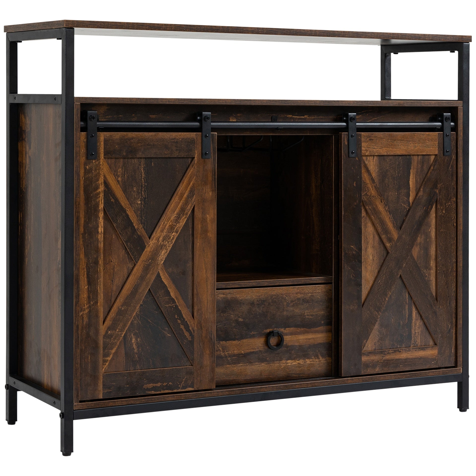 HOMCOM Industrial Sideboard Buffet Cabinet with Sliding Barn Doors, Coffee Bar Cabinet with Stemware Racks, Drawer and Adjustable Shelves for Kitchen, Rustic Brown