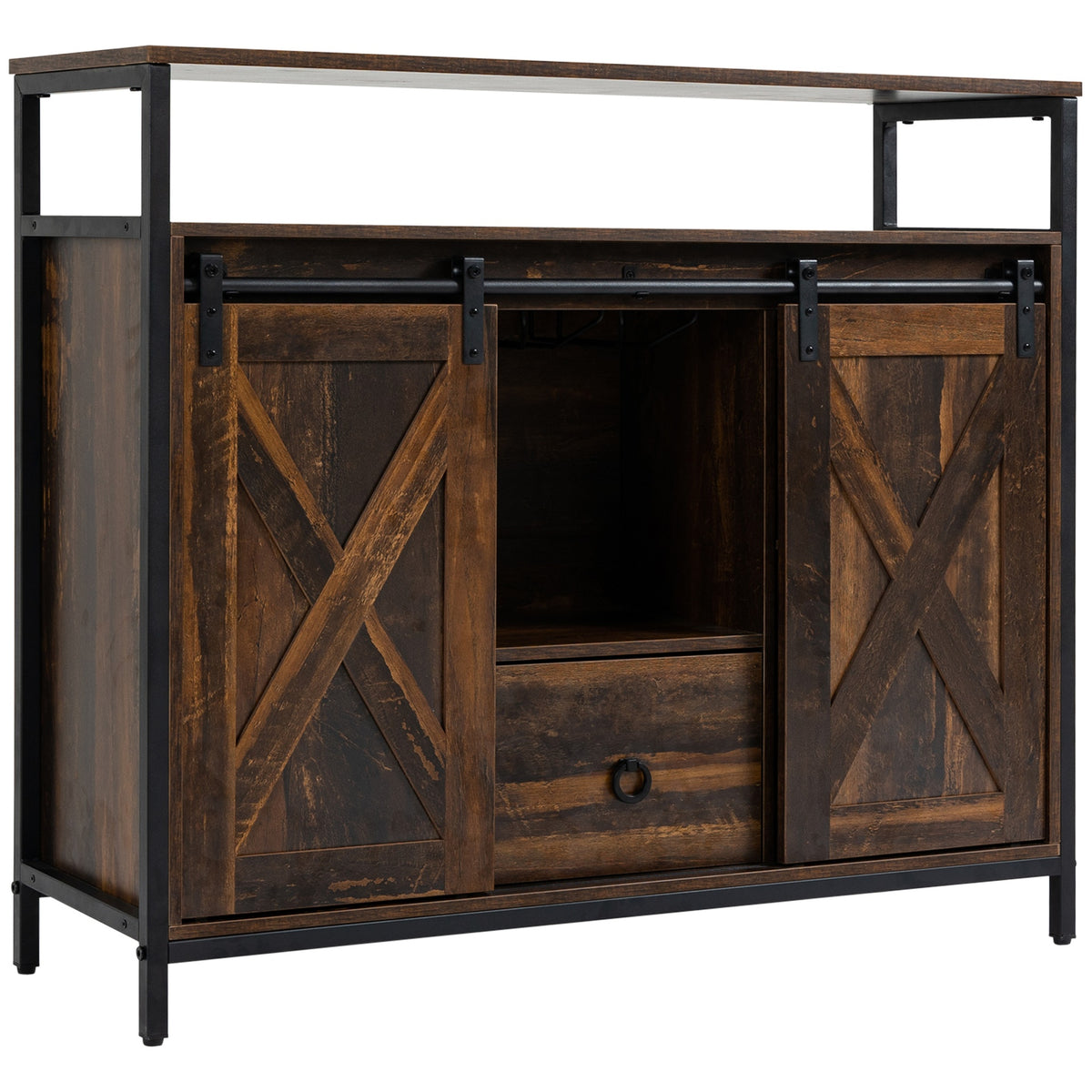 HOMCOM Industrial Sideboard Buffet Cabinet with Sliding Barn Doors, Coffee Bar Cabinet with Stemware Racks, Drawer and Adjustable Shelves for Kitchen, Rustic Brown
