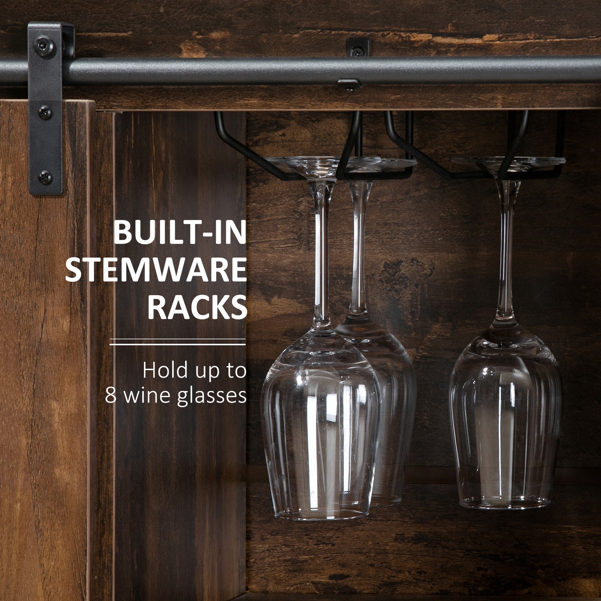HOMCOM Industrial Sideboard Buffet Cabinet with Sliding Barn Doors, Coffee Bar Cabinet with Stemware Racks, Drawer and Adjustable Shelves for Kitchen, Rustic Brown